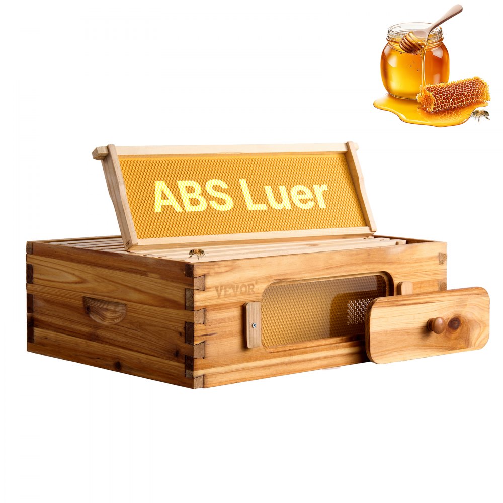 VEVOR Kit per arnia con scatola media, Legno di abete rivestito di cera d'api, Kit per arnia Langstroth con 10 telai finestre in acrilico trasparente per apicoltori, Strumenti per arnia apicoltura