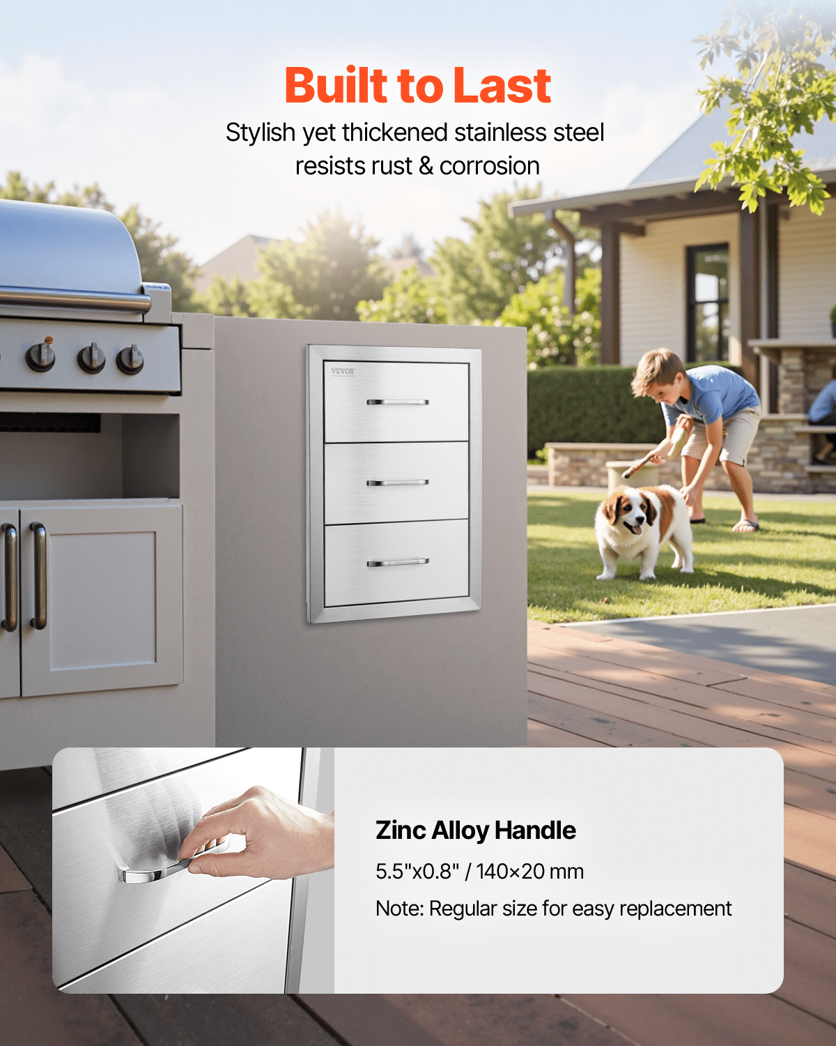 VEVOR Outdoor Kitchen Drawers, flush-mounted grill drawers with triple access and stainless steel handle, grill island drawers for outdoor kitchens or grill island terraces, 400 x 450 x 450 mm