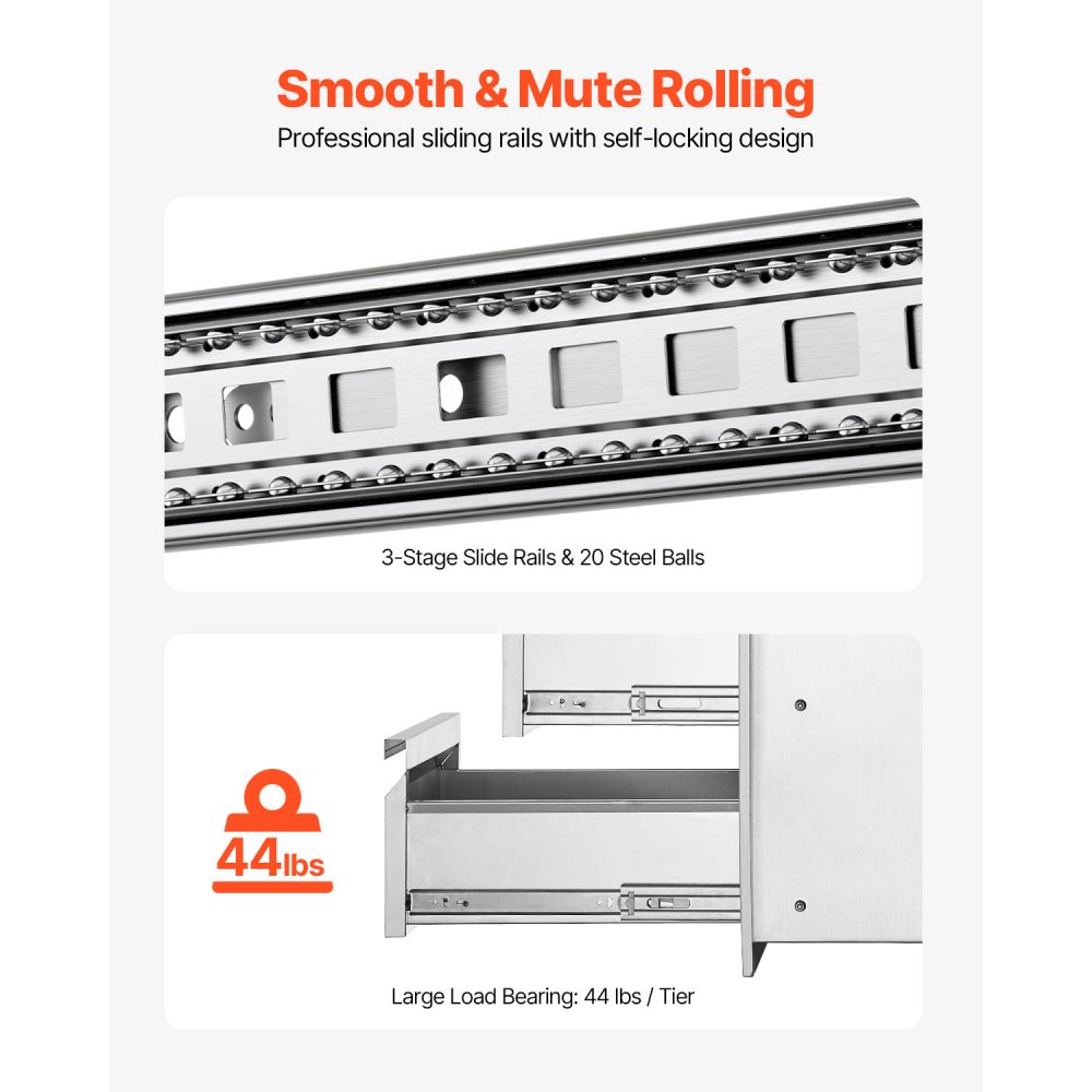 VEVOR Cassetti per Cucina da Esterno 377x646x480 mm, Cassetti 3 Ripiani con Struttura a Scatola e Maniglia in Acciaio Inossidabile per Isola Barbecue da Cucine da Esterno, Giardino, Cortile
