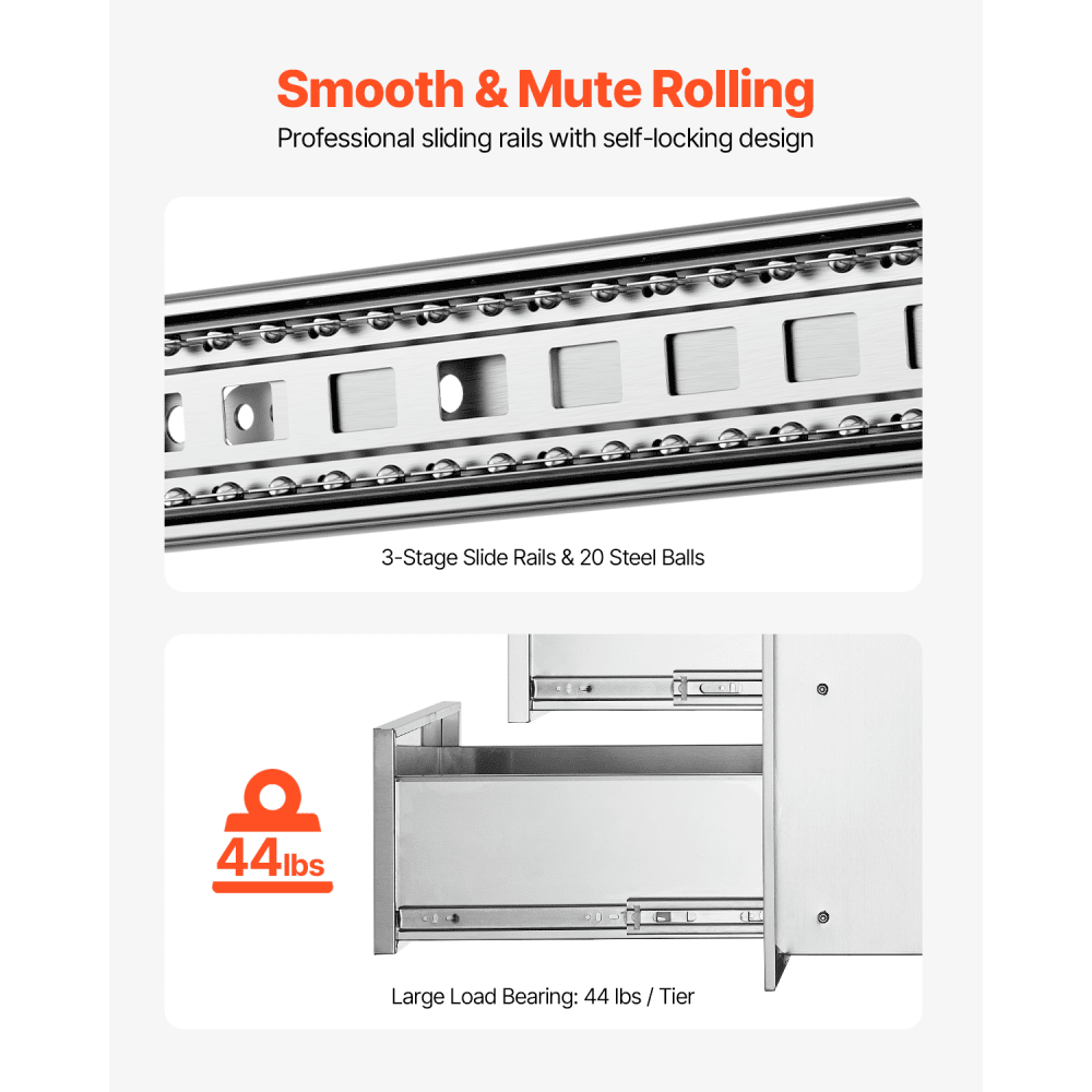 VEVOR Outdoor Kitchen Drawers 16" W x 28.5" H x 20.5" D, Recessed Stainless Steel Grill Drawers with Triple Access and Handle, Grill Island Drawers for Outdoor Kitchens or Patio Grill Stations