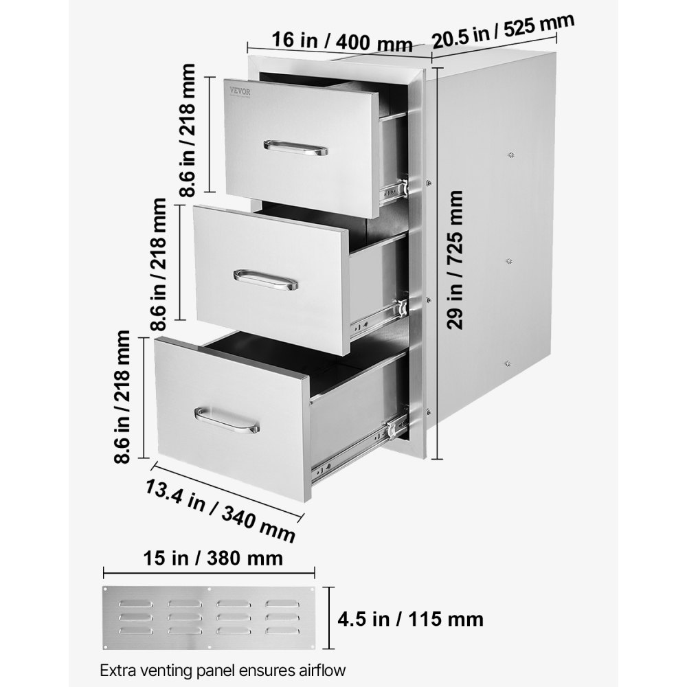 VEVOR Outdoor Kitchen Drawers 16" W x 28.5" H x 20.5" D, Recessed Stainless Steel Grill Drawers with Triple Access and Handle, Grill Island Drawers for Outdoor Kitchens or Patio Grill Stations