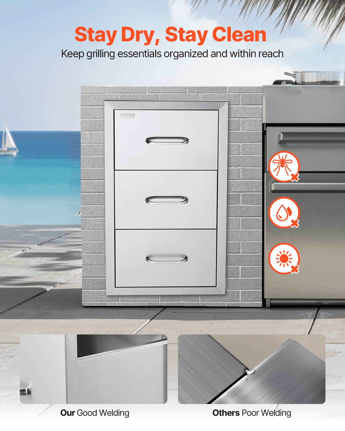 VEVOR Outdoor Kitchen Drawers 16" W x 28.5" H x 20.5" D, Recessed Stainless Steel Grill Drawers with Triple Access and Handle, Grill Island Drawers for Outdoor Kitchens or Patio Grill Stations