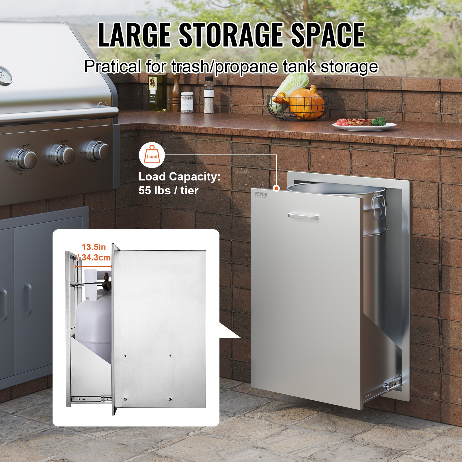 VEVOR Cassettiera per Rifiuti Cassetto da Cucina in Acciaio Inox, Cassettiera con Cestino Rifiuti Cucina Esterna l'Isola BBQ Grill Giardino, Cassetto con Cestino Guida Scorrevole Verticale per Cucina