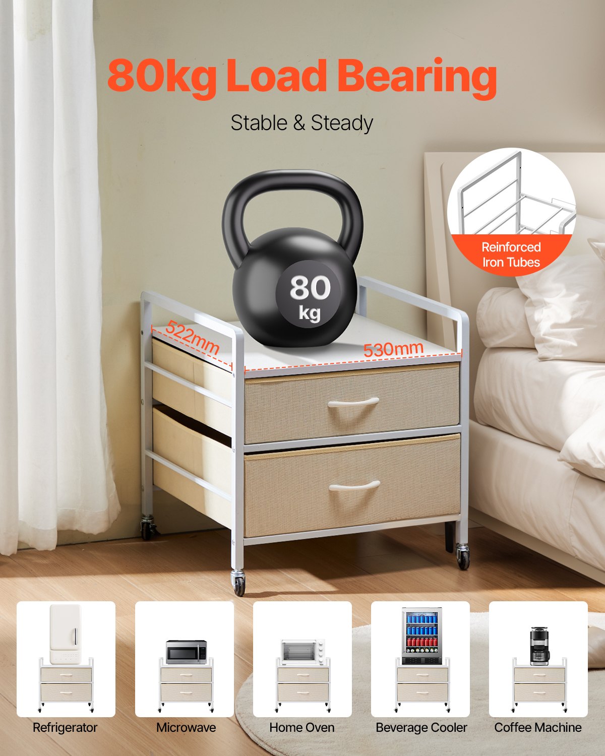 VEVOR Supporto per Mini Frigo su Ruote Porta Frigo con Capacità di Carico di 80 kg, Tavolo per Mini Frigo con 2 Cassetti e 4 Ruote Girevoli, Ripiano Mobile per Frigo per Dormitorio Ufficio Bianco