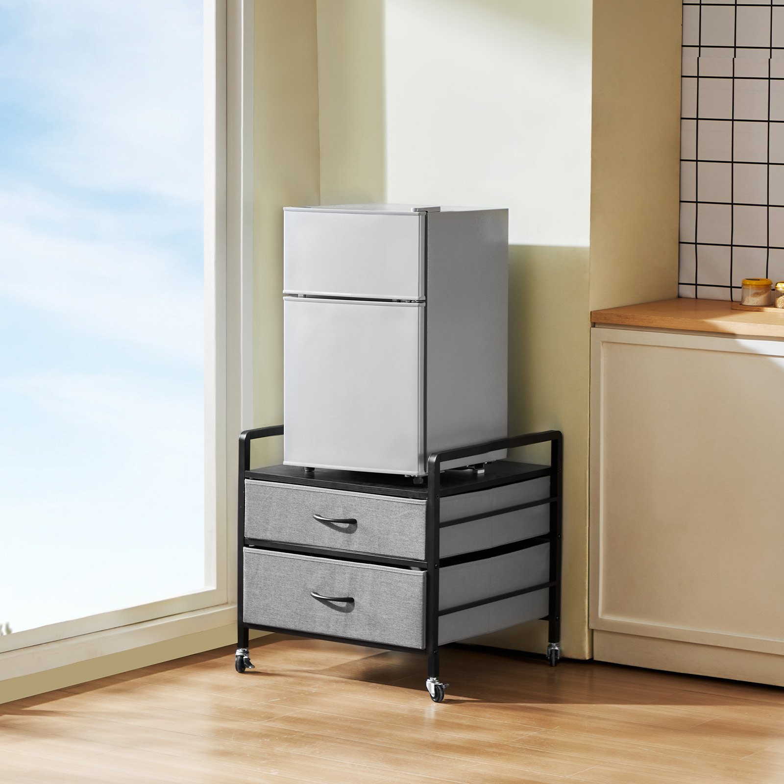 VEVOR Supporto per Minifrigo con Contenitore, Tavolo per Minifrigo 530 x 522 mm con 2 Cassetti 4 Ruote Girevoli, Ripiano Mobile per Minifrigo, Organizzatore Grigio per Minifrigo Dormitorio