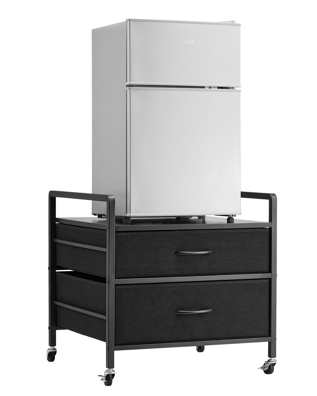 VEVOR Supporto per Minifrigo con Contenitore, Tavolo per Minifrigo 530 x 522 mm con 2 Cassetti e 4 Ruote Girevoli, Ripiano Mobile per Minifrigo, Organizer Nero per Minifrigo per Dormitorio