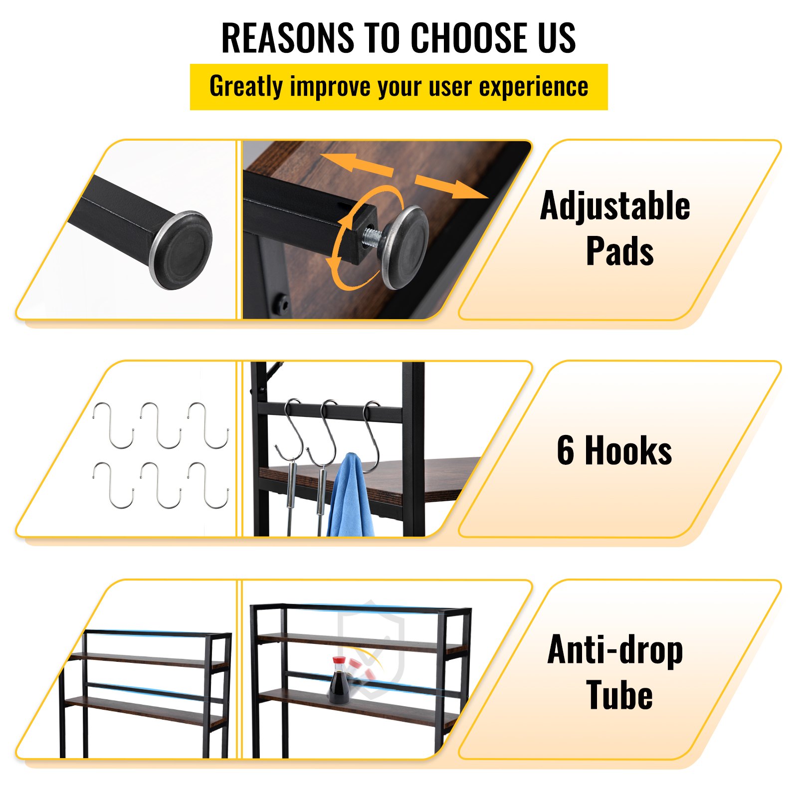 VEVOR Scaffale da Cucina a 5 Ripiani da 800 x 400 x 1700 mm, Scaffalatura Regolabile con Ganci e Tappo per Vino, Scaffale Marrone per Cucine Domestiche, Appartamenti, Dispense e Cucine di Ristoranti