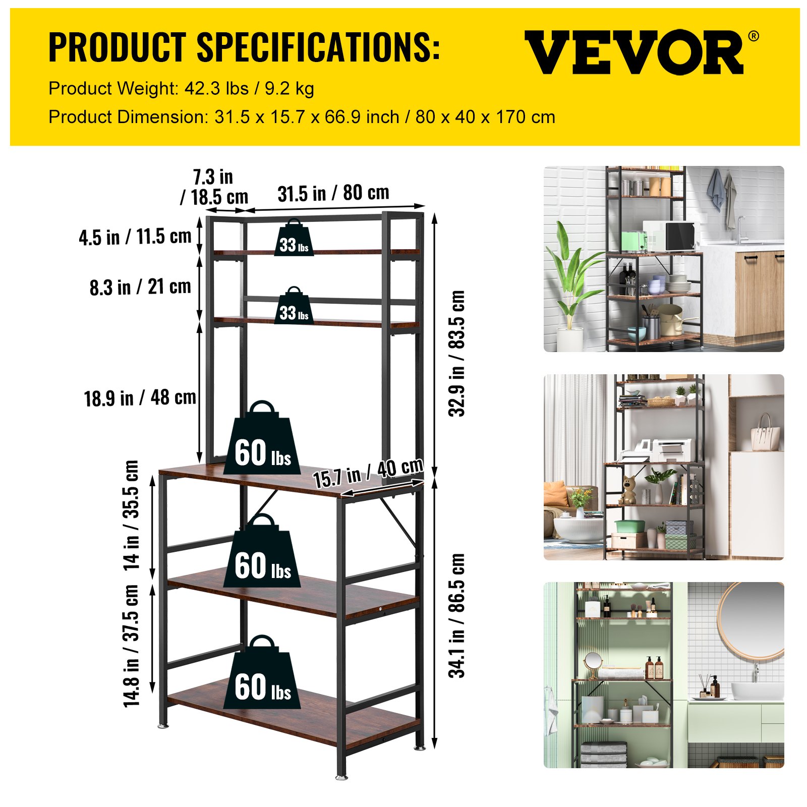 VEVOR Scaffale da Cucina a 5 Ripiani da 800 x 400 x 1700 mm, Scaffalatura Regolabile con Ganci e Tappo per Vino, Scaffale Marrone per Cucine Domestiche, Appartamenti, Dispense e Cucine di Ristoranti