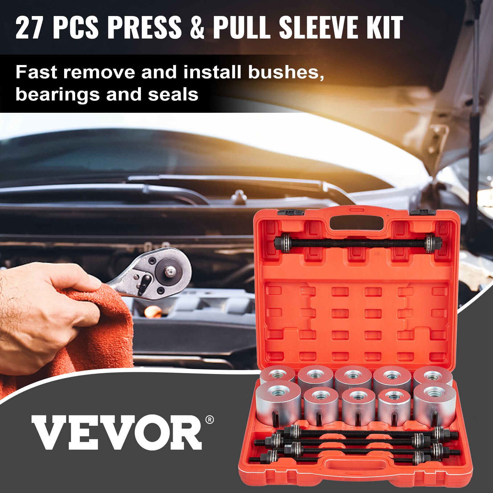 VEVOR Kit di Strumento per la Rimozione delle Boccole 27 Pezzi, Set Attrezzi per Cuscinetti con Custodia in Acciaio 45 con 5 Mandrini per Riparazione di Auto, Garage, Manutenzione di Automobili, ecc.