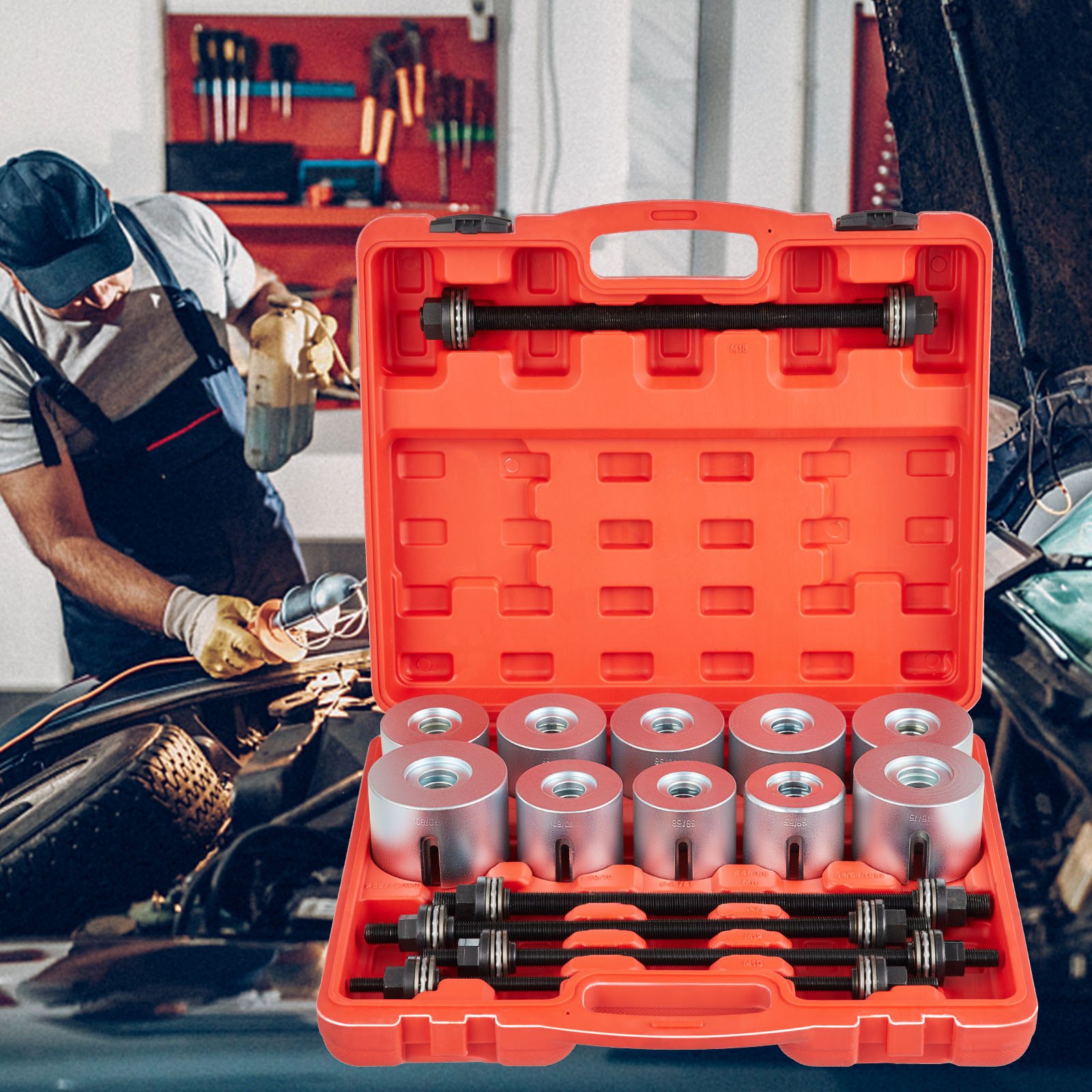 VEVOR Kit di Strumento per la Rimozione delle Boccole 27 Pezzi, Set Attrezzi per Cuscinetti con Custodia in Acciaio 45 con 5 Mandrini per Riparazione di Auto, Garage, Manutenzione di Automobili, ecc.