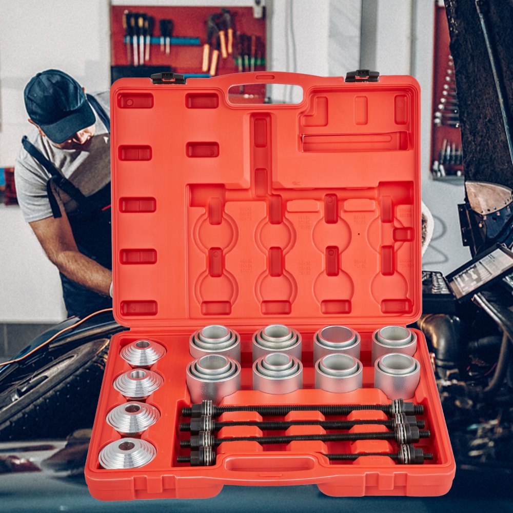 VEVOR Kit di Strumento per la Rimozione da 28 Pezzi, Set Attrezzi per Cuscinetti in Acciaio 45 con 4 Mandrini e 4 Dischi a Piastra per Riparazione di Auto, Garage, Manutenzione di Automobili, ecc.