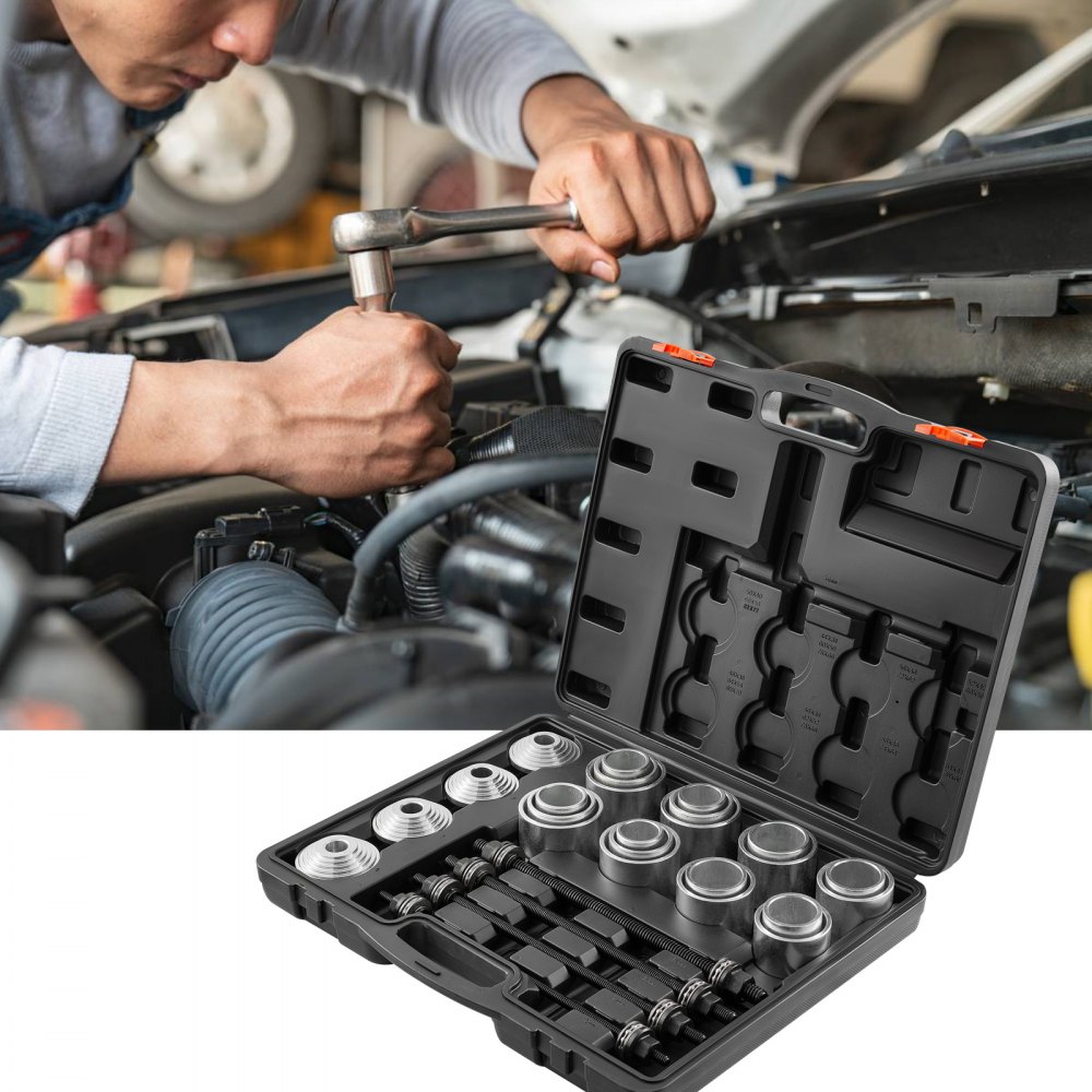 VEVOR Kit Manicotto di Trazione e Pressione da 28 pezzi, Set di Rimozione e Installazione Cuscinetti a Boccola in Acciaio, con Custodia per il Trasporto, Compatibilità Multi-Veicolo per Motori