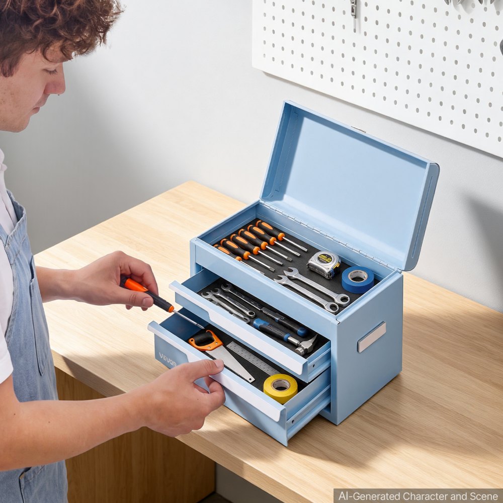 VEVOR Cassetta Portautensili in Acciaio con 2 Cassetti e Vano Superiore Blu, Cassetta Porta Attrezzi Portatile, Design Magnetico, con Rivestimenti Protettivi, per Garage, Officina e Banco da Lavoro