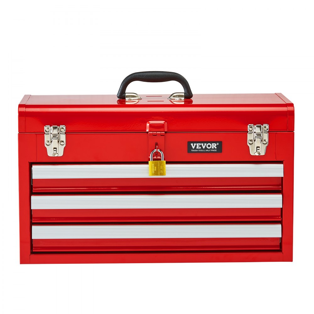 VEVOR Cassetta degli Attrezzi in Metallo, 520 mm con 3 Cassetti Cassetta degli Attrezzi Portatile in Metallo, Cassetta degli Attrezzi con Rivestimenti Piedini, Acciaio con Cuscinetti a Sfera, Rosso