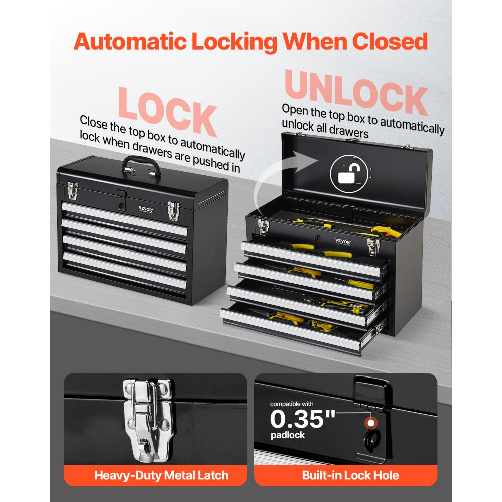 VEVOR Cassetta degli Attrezzi in Metallo, 520 mm con 4 Cassetti Cassetta degli Attrezzi Portatile in Metallo, Cassetta degli Attrezzi con Rivestimenti Piedini, Acciaio con Cuscinetti a Sfera, Nero