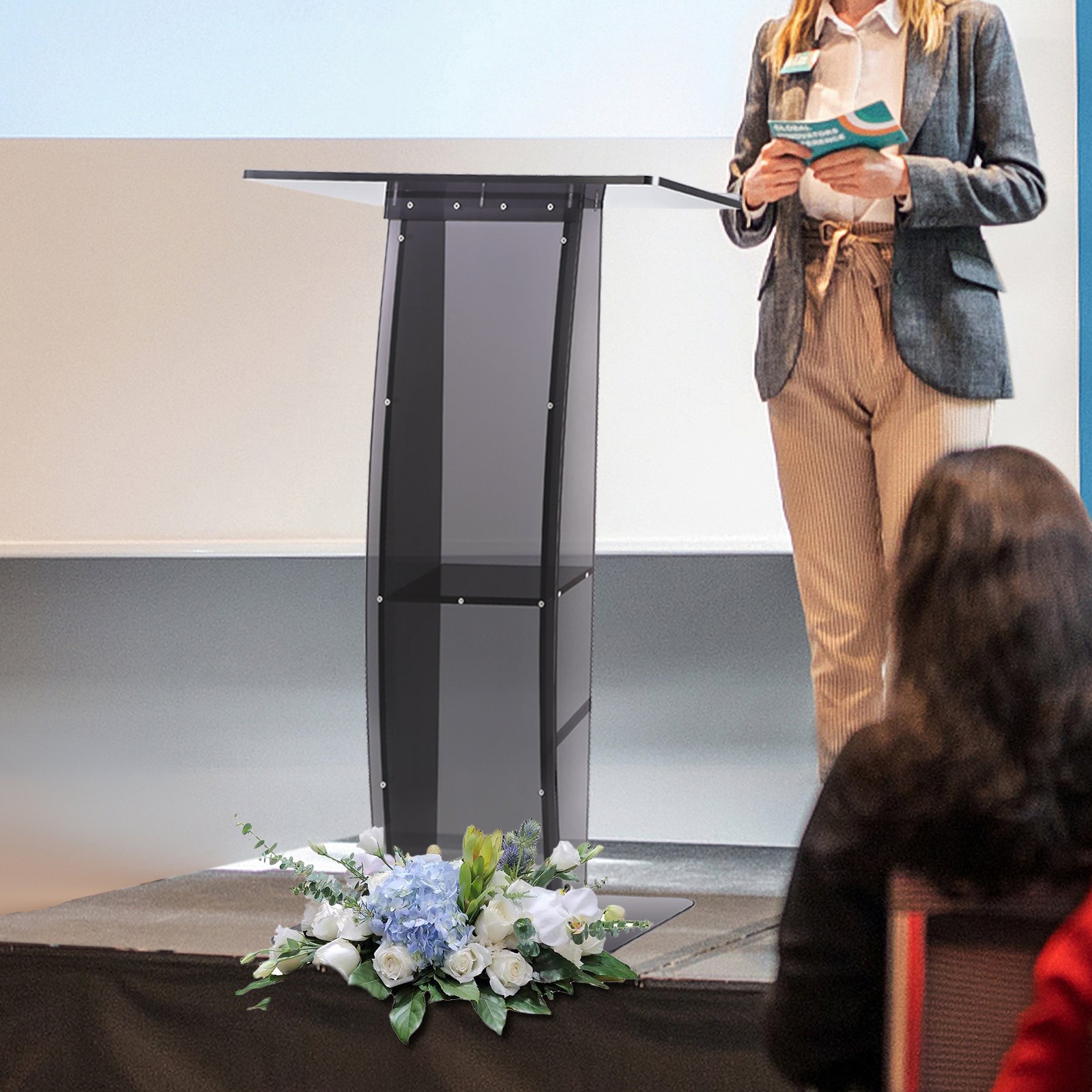 VEVOR Podio per Conferenze 68,5 x 33 x 120 cm Podio per Presentazioni in Acrilico Piano Inclinato con Ripiano Leggio in Piedi, Podio per Lettura Conferenza da Ufficio Scuola Chiesa in Acrilico Nero