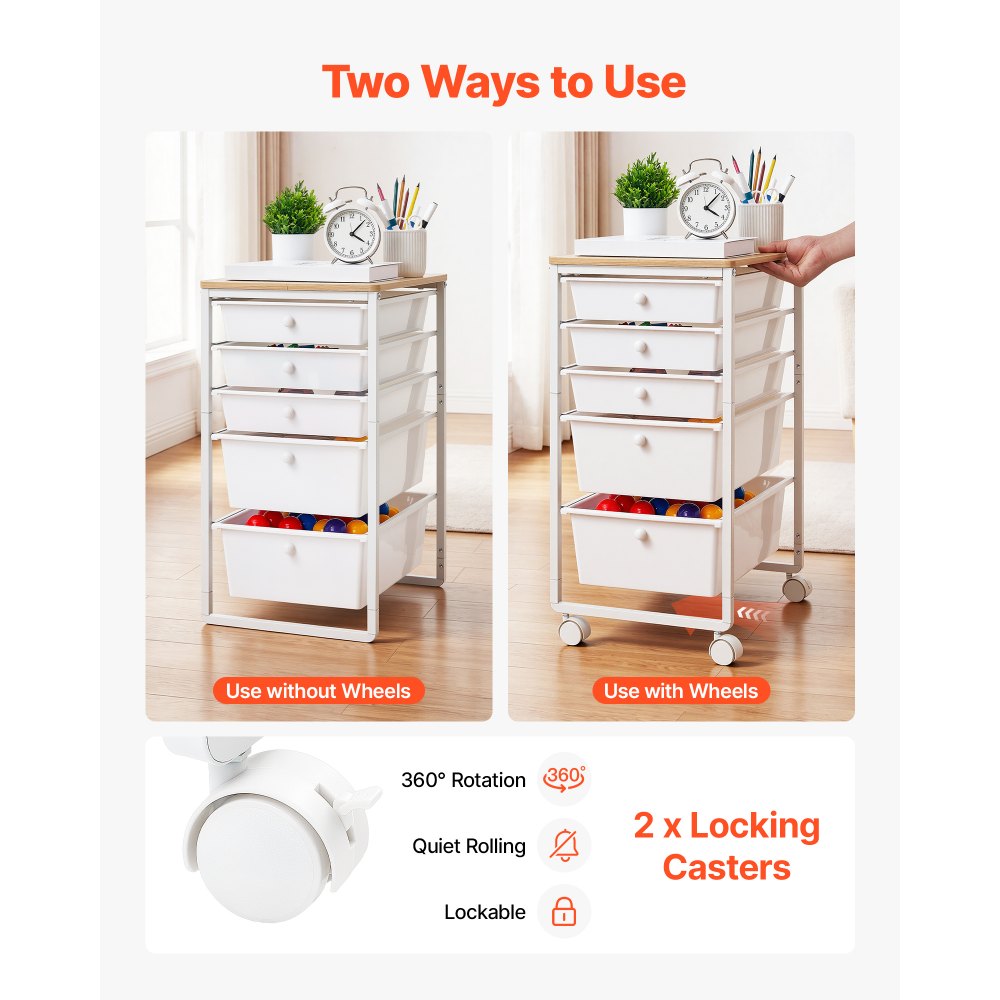 VEVOR Carrello con Cassetti Organizer con 5 Cassetti Piano in Legno Durevole, Carrello Portaoggetti, Telaio in Acciaio, Ruote Girevoli a 360° con 2 Freni, Multiuso per Ufficio, Hobby e Trucco, Bianco