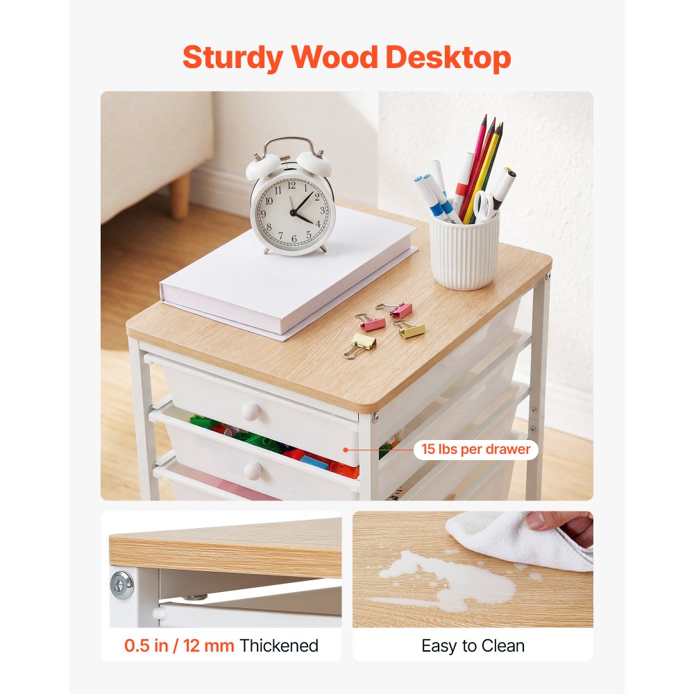 VEVOR Carrello con Cassetti Organizer con 5 Cassetti Piano in Legno Durevole, Carrello Portaoggetti, Telaio in Acciaio, Ruote Girevoli a 360° con 2 Freni, Multiuso per Ufficio, Hobby e Trucco, Bianco