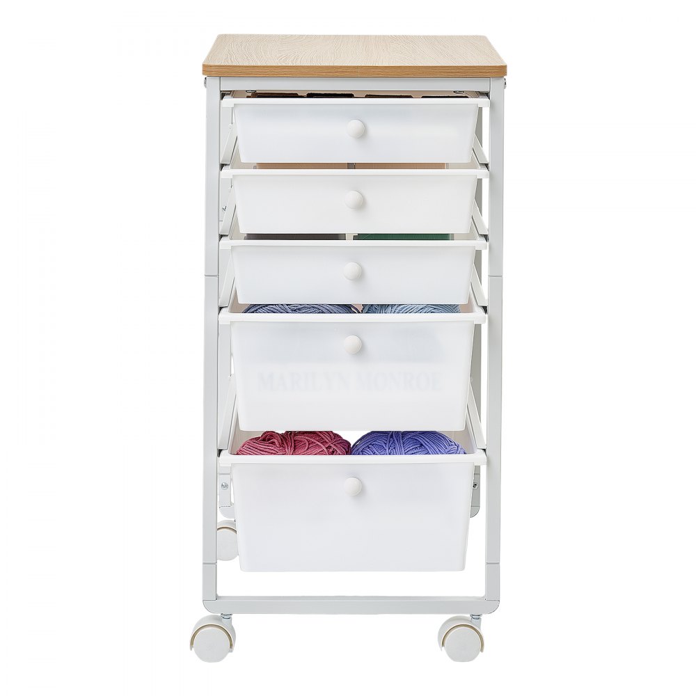 VEVOR Carrello con Cassetti Organizer con 5 Cassetti Piano in Legno Durevole, Carrello Portaoggetti, Telaio in Acciaio, Ruote Girevoli a 360° con 2 Freni, Multiuso per Ufficio, Hobby e Trucco, Bianco