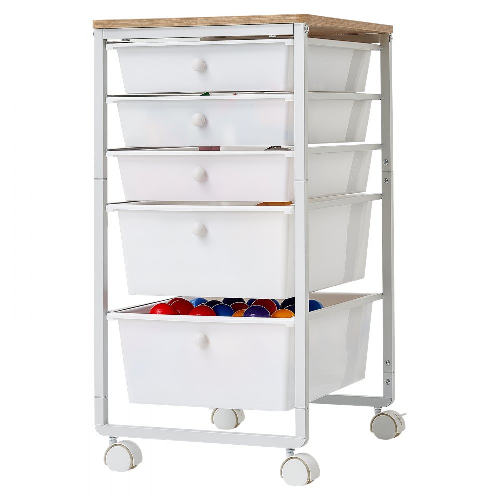 VEVOR Carrello con Cassetti Organizer con 5 Cassetti Piano in Legno Durevole, Carrello Portaoggetti, Telaio in Acciaio, Ruote Girevoli a 360° con 2 Freni, Multiuso per Ufficio, Hobby e Trucco, Bianco