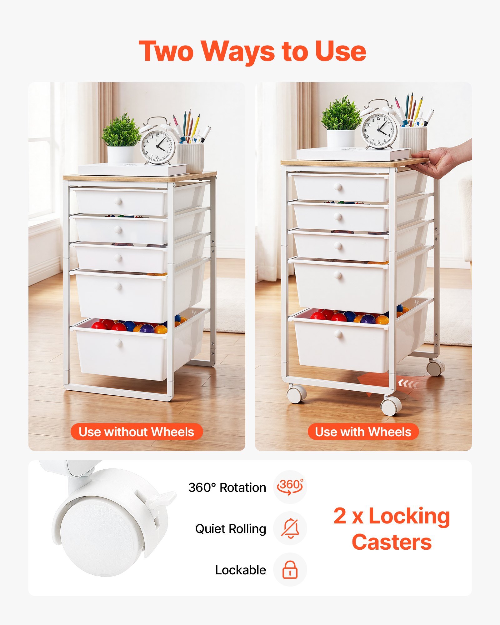 VEVOR Carrello con Cassetti Organizer con 5 Cassetti Piano in Legno Durevole, Carrello Portaoggetti, Telaio in Acciaio, Ruote Girevoli a 360° con 2 Freni, Multiuso per Ufficio, Hobby e Trucco, Bianco