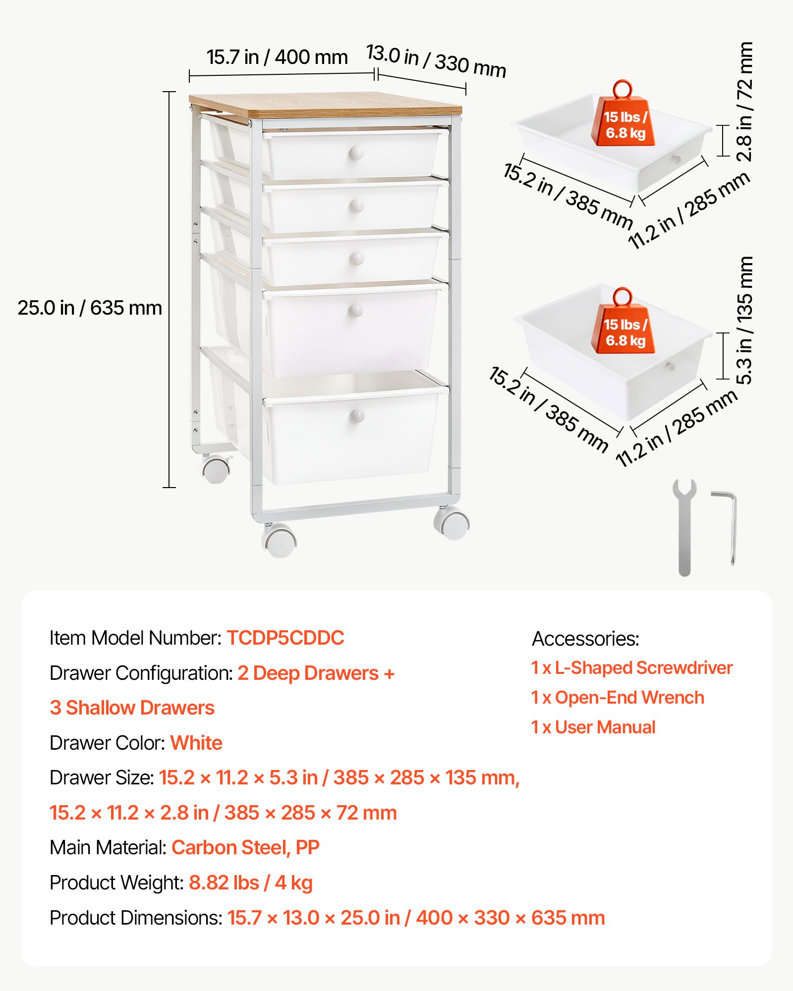 VEVOR Carrello con Cassetti Organizer con 5 Cassetti Piano in Legno Durevole, Carrello Portaoggetti, Telaio in Acciaio, Ruote Girevoli a 360° con 2 Freni, Multiuso per Ufficio, Hobby e Trucco, Bianco