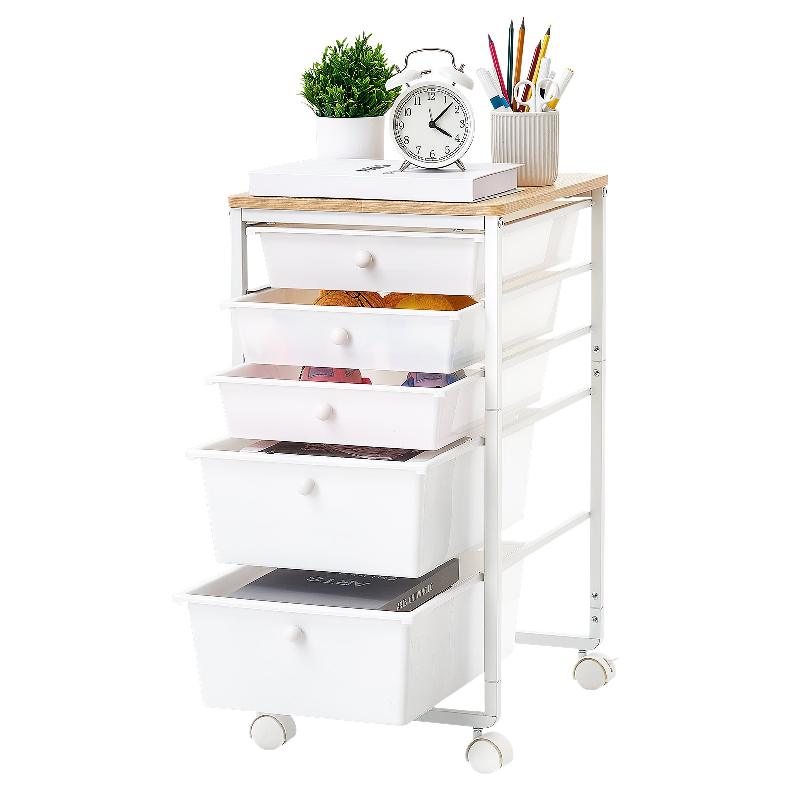 VEVOR Carrello con Cassetti Organizer con 5 Cassetti Piano in Legno Durevole, Carrello Portaoggetti, Telaio in Acciaio, Ruote Girevoli a 360° con 2 Freni, Multiuso per Ufficio, Hobby e Trucco, Bianco