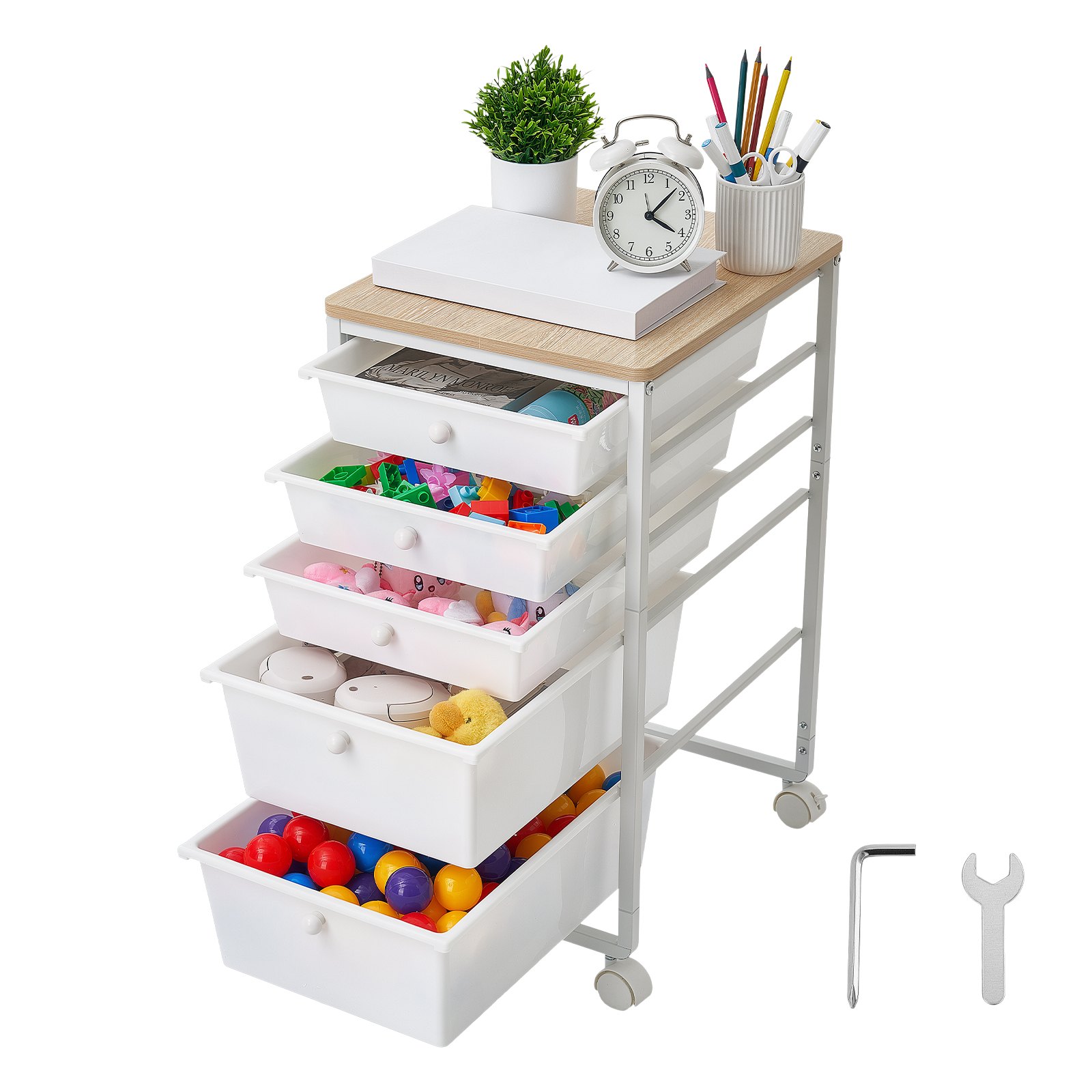 VEVOR Carrello con Cassetti Organizer con 5 Cassetti Piano in Legno Durevole, Carrello Portaoggetti, Telaio in Acciaio, Ruote Girevoli a 360° con 2 Freni, Multiuso per Ufficio, Hobby e Trucco, Bianco