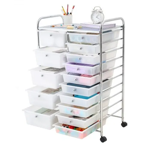 VEVOR Carrello Multiuso con Cassetti Organizer a Doppia Fila con 15Cassetti, Carrello Portaoggetti, Telaio in Acciaio Cromato, Ruote Girevoli a 360° con 2 Freni, Ideale per Ufficio, Garage e Studio