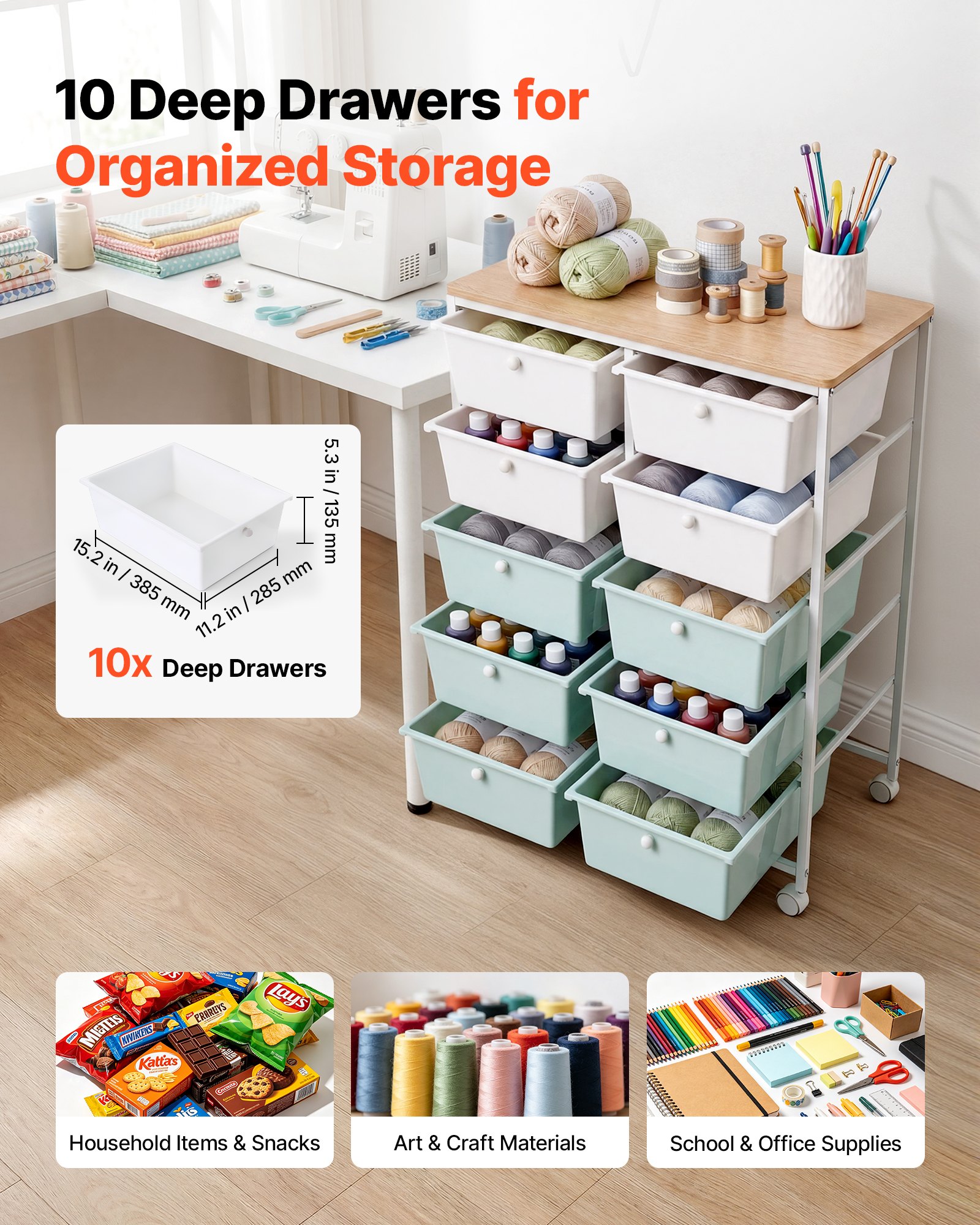 VEVOR Carrello con Cassetti Organizer a Doppia Fila con 10 Cassetti Pratici, Carrello Portaoggetti con Piano in Legno, Telaio in Acciaio Verniciato, Ruote Girevoli a 360° con 2 Freni, Blu e Bianco
