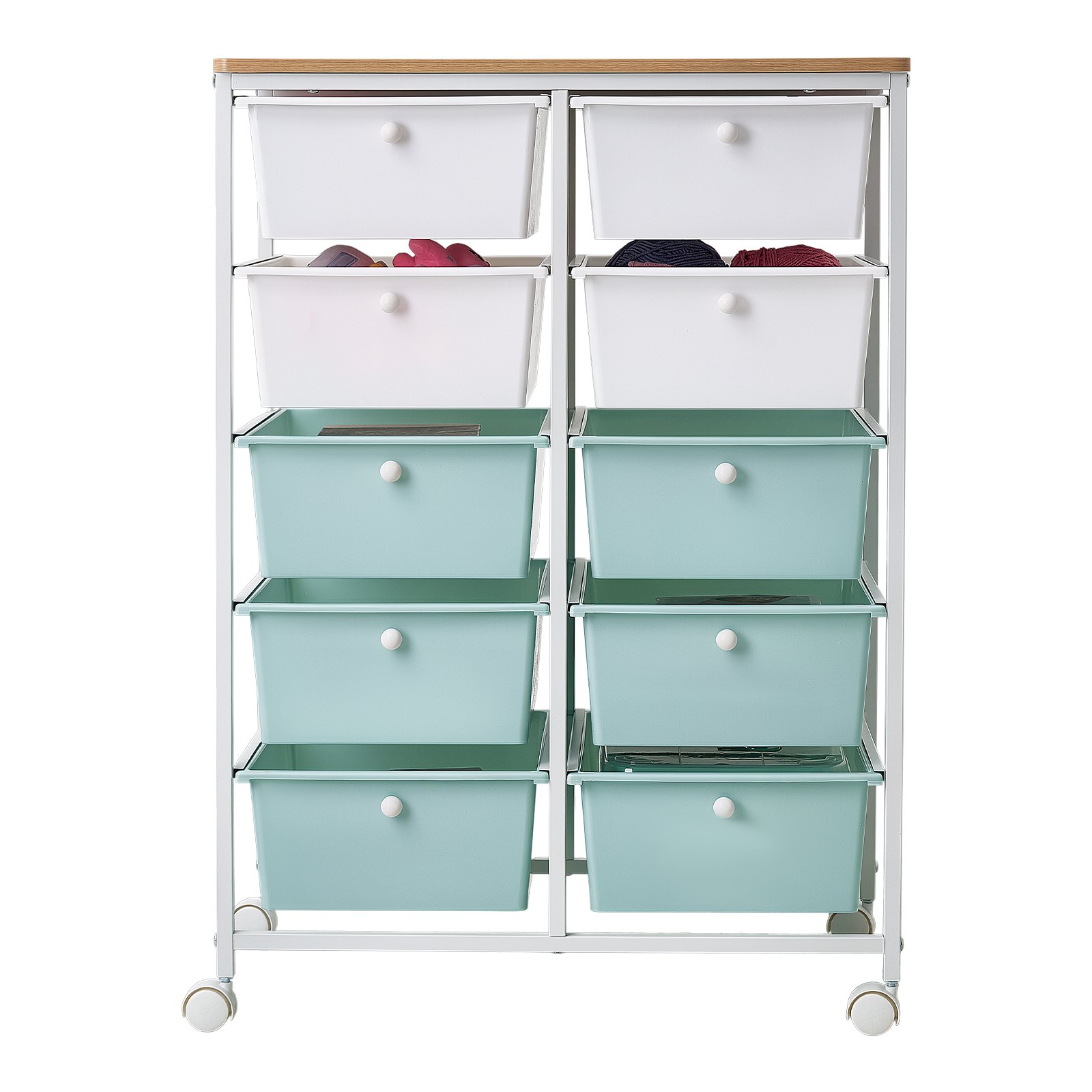 VEVOR Carrello con Cassetti Organizer a Doppia Fila con 10 Cassetti Pratici, Carrello Portaoggetti con Piano in Legno, Telaio in Acciaio Verniciato, Ruote Girevoli a 360° con 2 Freni, Blu e Bianco