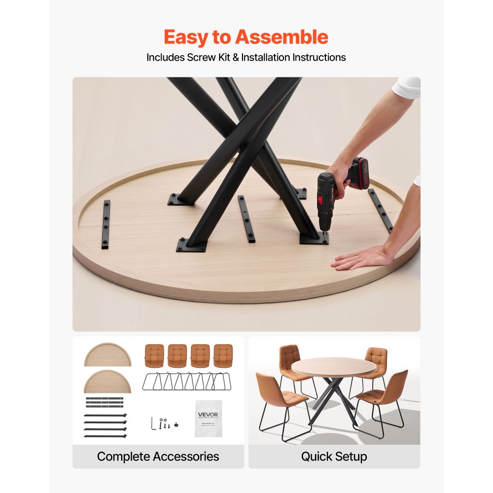 VEVOR Set da Pranzo da 5 Pezzi, Tavolo da Cucina Rotondo Salvaspazio con 4 Sedie Arancioni Imbottite, Cuscini in Pelle PU, Scrivania Moderna Colore Legno con Piedini Regolabili per Sala da Pranzo