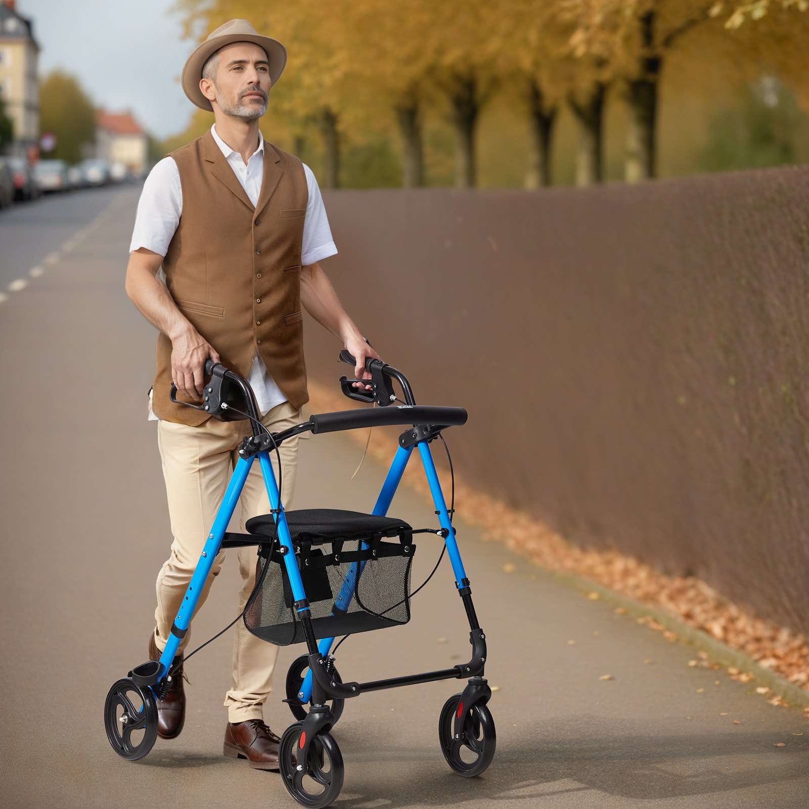VEVOR Deambulatore per anziani disabili, Deambulatore pieghevole in alluminio leggero con sedile e maniglia regolabili, Deambulatore per mobilità all'aperto con ruote da 8" capacità 300 libbre