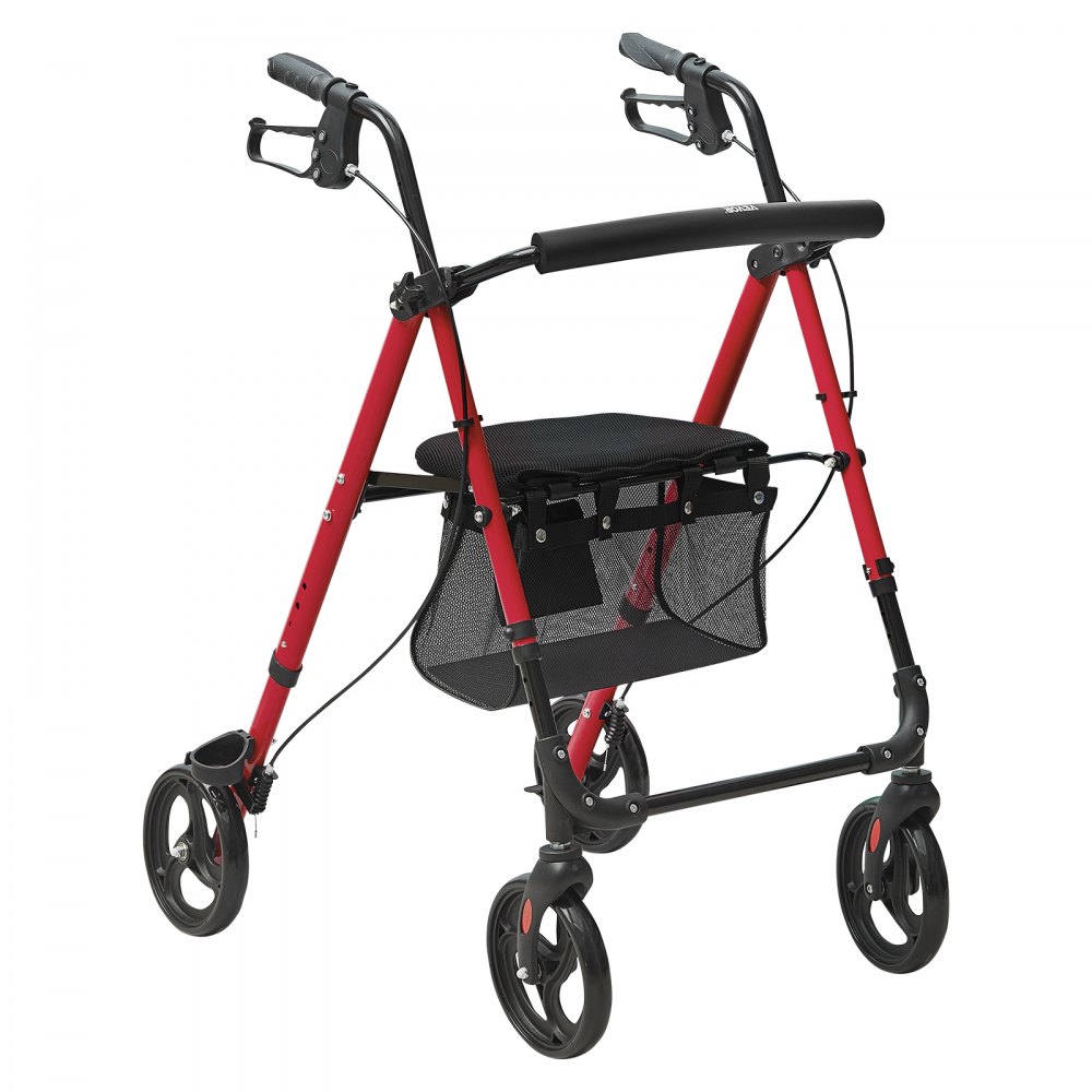 Deambulatore rollator VEVOR rosso e nero con seduta, custodia portaoggetti e maniglie regolabili.