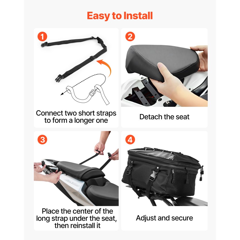 VEVOR Borsa Posteriore per Moto, Espandibile da 22 a 34 L con Copertura Antipioggia Impermeabile, Zaino Portaoggetti per Moto per Sport all'Aria Aperta, con Cinghie, Tasca e Cordino Elastico, Nero