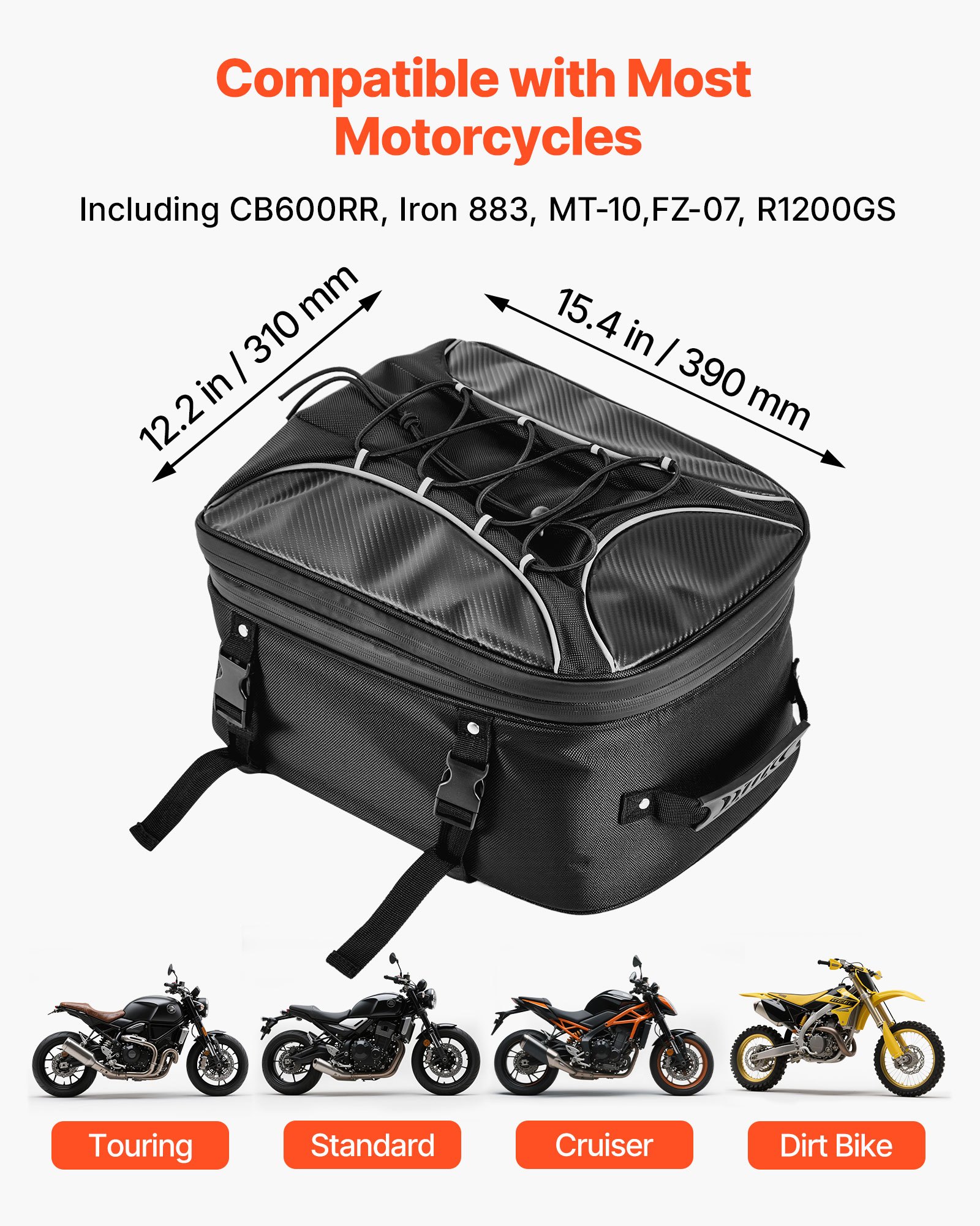VEVOR Borsa Posteriore per Moto, Espandibile da 22 a 34 L con Copertura Antipioggia Impermeabile, Zaino Portaoggetti per Moto per Sport all'Aria Aperta, con Cinghie, Tasca e Cordino Elastico, Nero