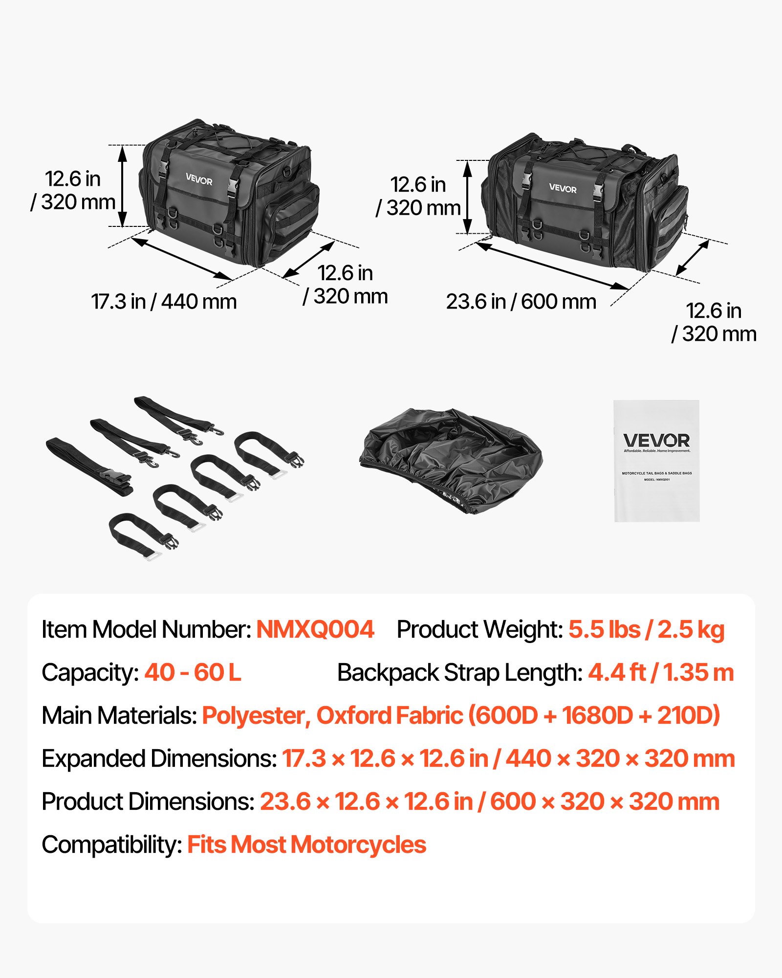 VEVOR Borsa Posteriore per Moto, Espandibile da 40 a 60L con Copertura Antipioggia Impermeabile, Pieghevole per Bagagli Sportivi all'Aria Aperta, con Tracolle, Tasca e Cordino Elastico, Nero