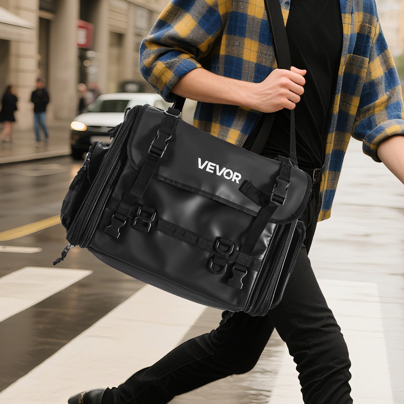 VEVOR Borsa Posteriore per Moto, Espandibile da 40 a 60L con Copertura Antipioggia Impermeabile, Pieghevole per Bagagli Sportivi all'Aria Aperta, con Tracolle, Tasca e Cordino Elastico, Nero