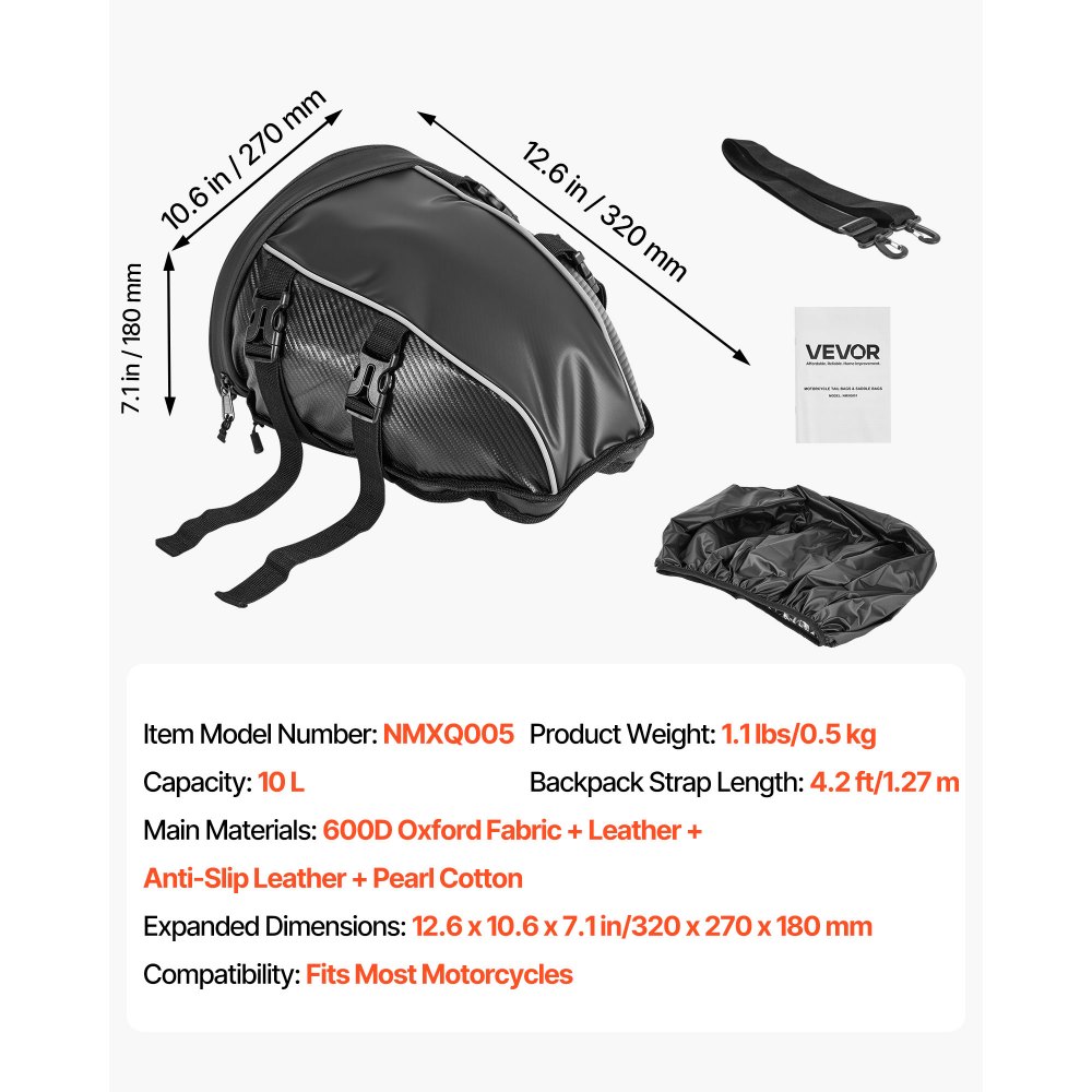 VEVOR Borsa Posteriore per Moto, Espandibile da 10 L con Copertura Antipioggia Impermeabile, Borsa da Viaggio per Bagagli per Sportivi all'Aria Aperta, Zaino con Tracolle, Tasca, Nero