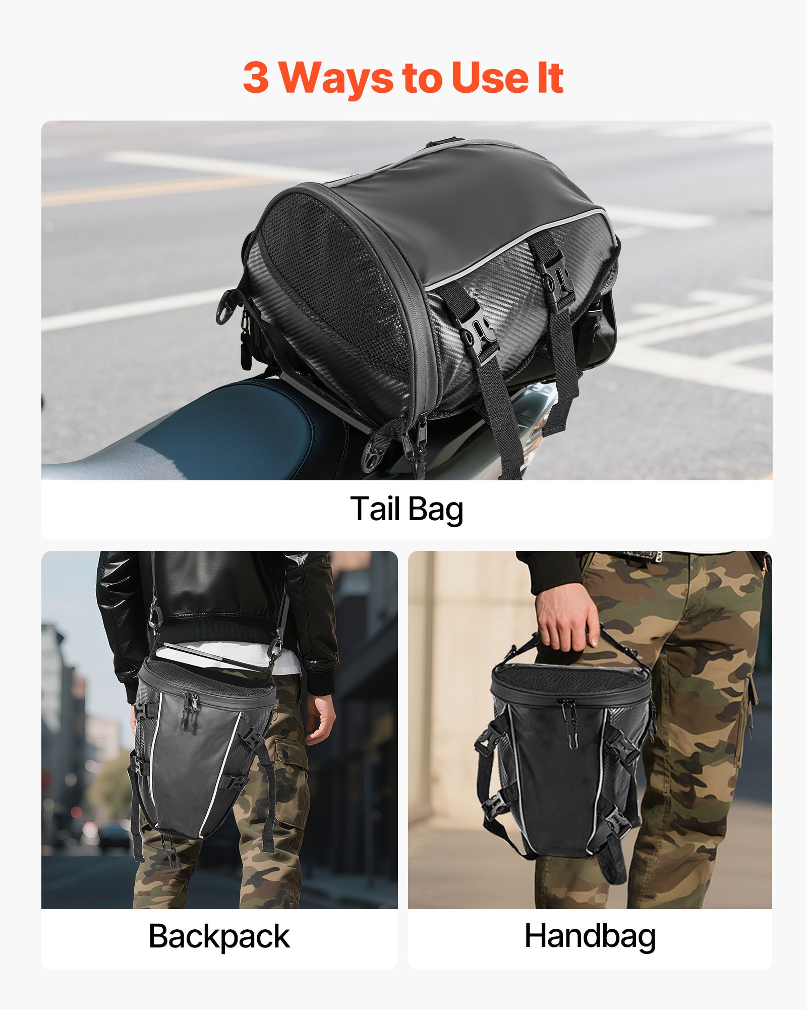 VEVOR Borsa Posteriore per Moto, Espandibile da 10 L con Copertura Antipioggia Impermeabile, Borsa da Viaggio per Bagagli per Sportivi all'Aria Aperta, Zaino con Tracolle, Tasca, Nero