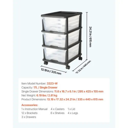 Carrello Portaoggetti 3 Ripiani VEVOR Con Ruote Bloccabili – 370x355x761 Mm, Carico Max 45kg, In PP, Montaggio Senza Attrezzi Per Cucina, Ufficio O Camera