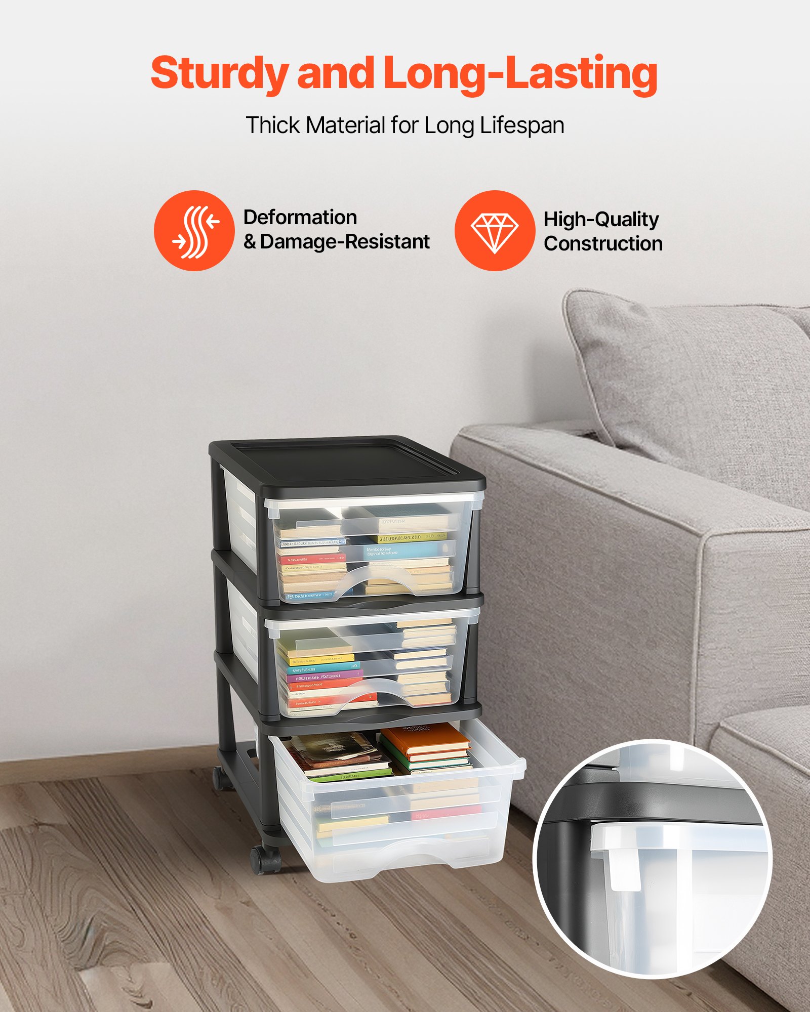 VEVOR Carrello Portaoggetti in Plastica a 3 Cassetti, Scatole Portaoggetti su Ruote, Organizer Mobile a 3 Livelli, Contenitore Trasparente per Forniture di Ufficio, Aule, Casa, Studio