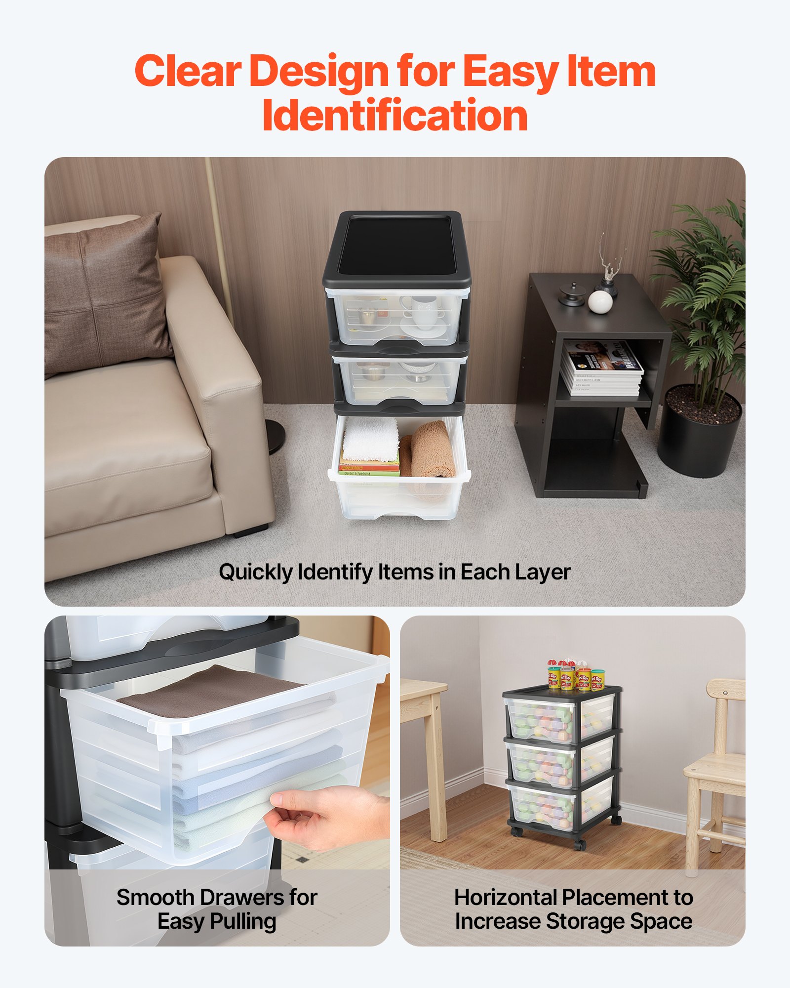 VEVOR Carrello Portaoggetti in Plastica a 3 Cassetti, Scatole Portaoggetti su Ruote, Organizer Mobile a 3 Livelli, Contenitore Trasparente per Forniture di Ufficio, Aule, Casa, Studio