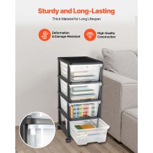 VEVOR Carrello Portaoggetti in Plastica con 4 Cassetti, Torre Portaoggetti su Ruote, Scatola Mobile a 4 Livelli, Contenitore Trasparente per Forniture di Ufficio, Aule, Laboratori Artigianali