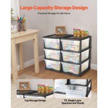 VEVOR Cassetti Portaoggetti in Plastica, Torre Portaoggetti a 6 Cassetti, Scatola per Stoccaggio a 3 Livelli, Contenitori Trasparenti per Forniture per Ufficio, Stanze per hobby, Aule, Casa