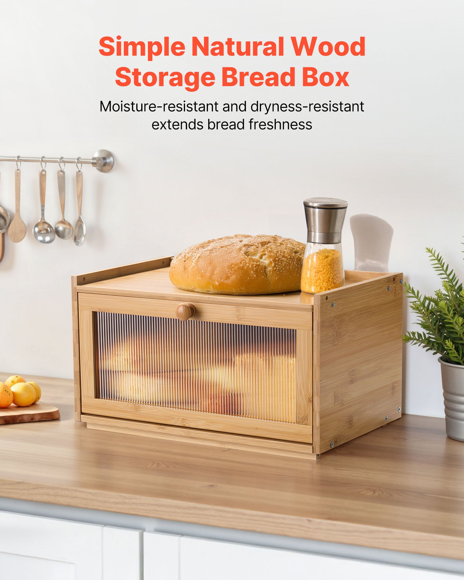 VEVOR Contenitore per Pane da Cucina 400 x 250 x 220 mm Contenitore per Pagnotta in Legno di Bambù per Pane Fatto in Casa, con Pannello Porta in Acrilico Ondulato, Forma di Rettangolo