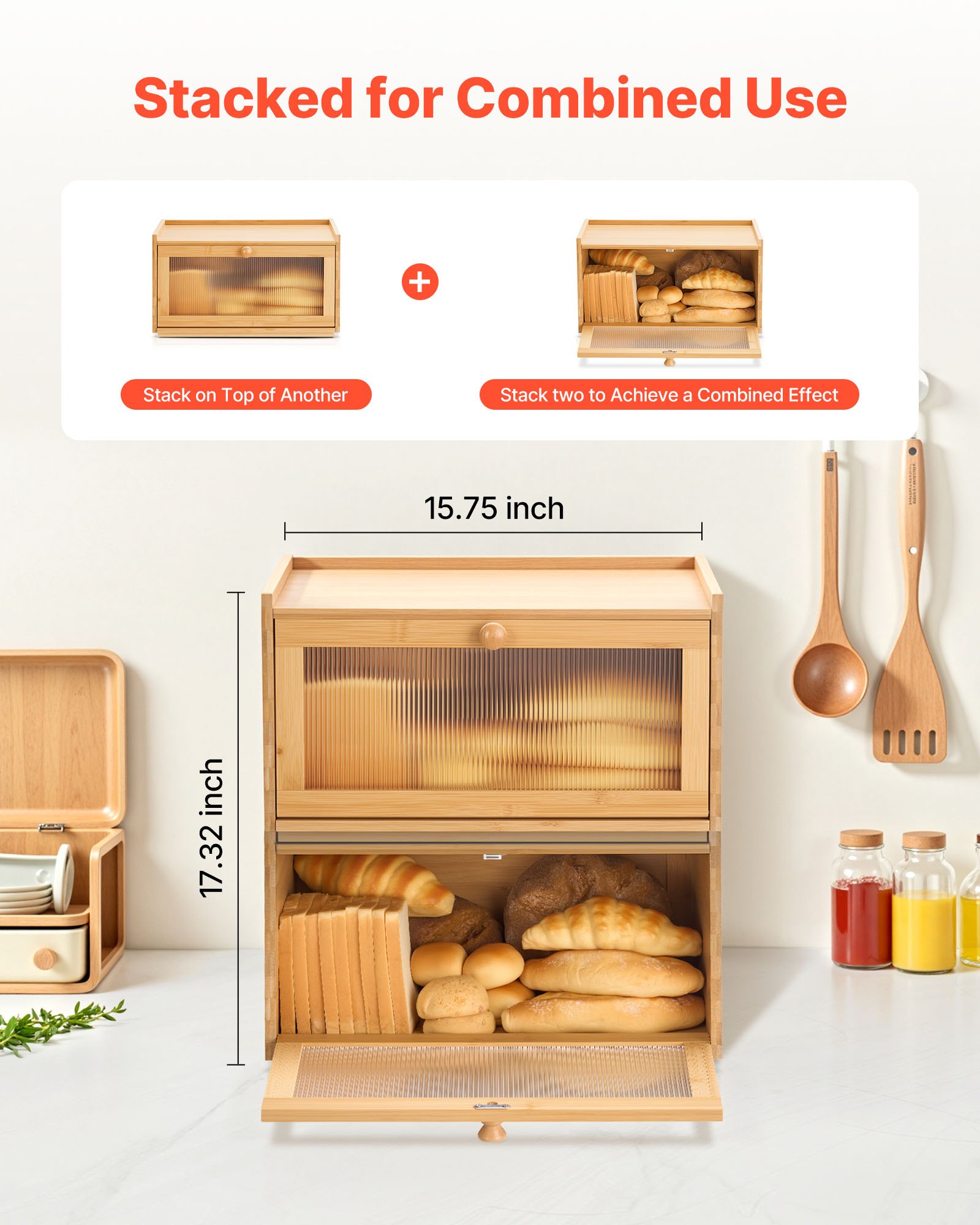 VEVOR Contenitore per Pane da Cucina 400 x 250 x 220 mm Contenitore per Pagnotta in Legno di Bambù per Pane Fatto in Casa, con Pannello Porta in Acrilico Ondulato, Forma di Rettangolo