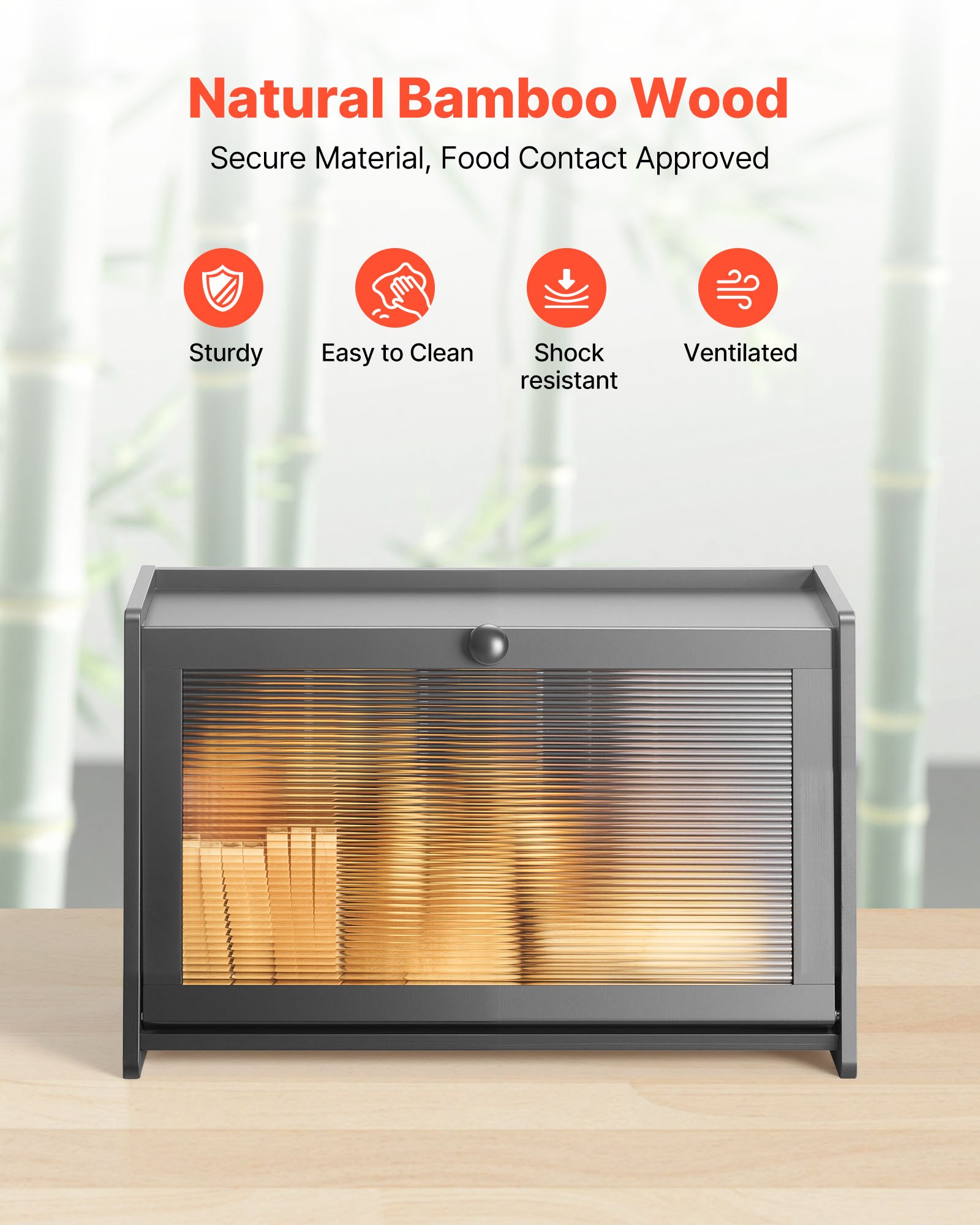 VEVOR Contenitore per Pane da Cucina 420 x 250 x 260 mm Contenitore per Pagnotta in Legno di Bambù per Pane Fatto in Casa, con Pannello Porta in Acrilico Ondulato, Forma di Trapezoidale, Nero