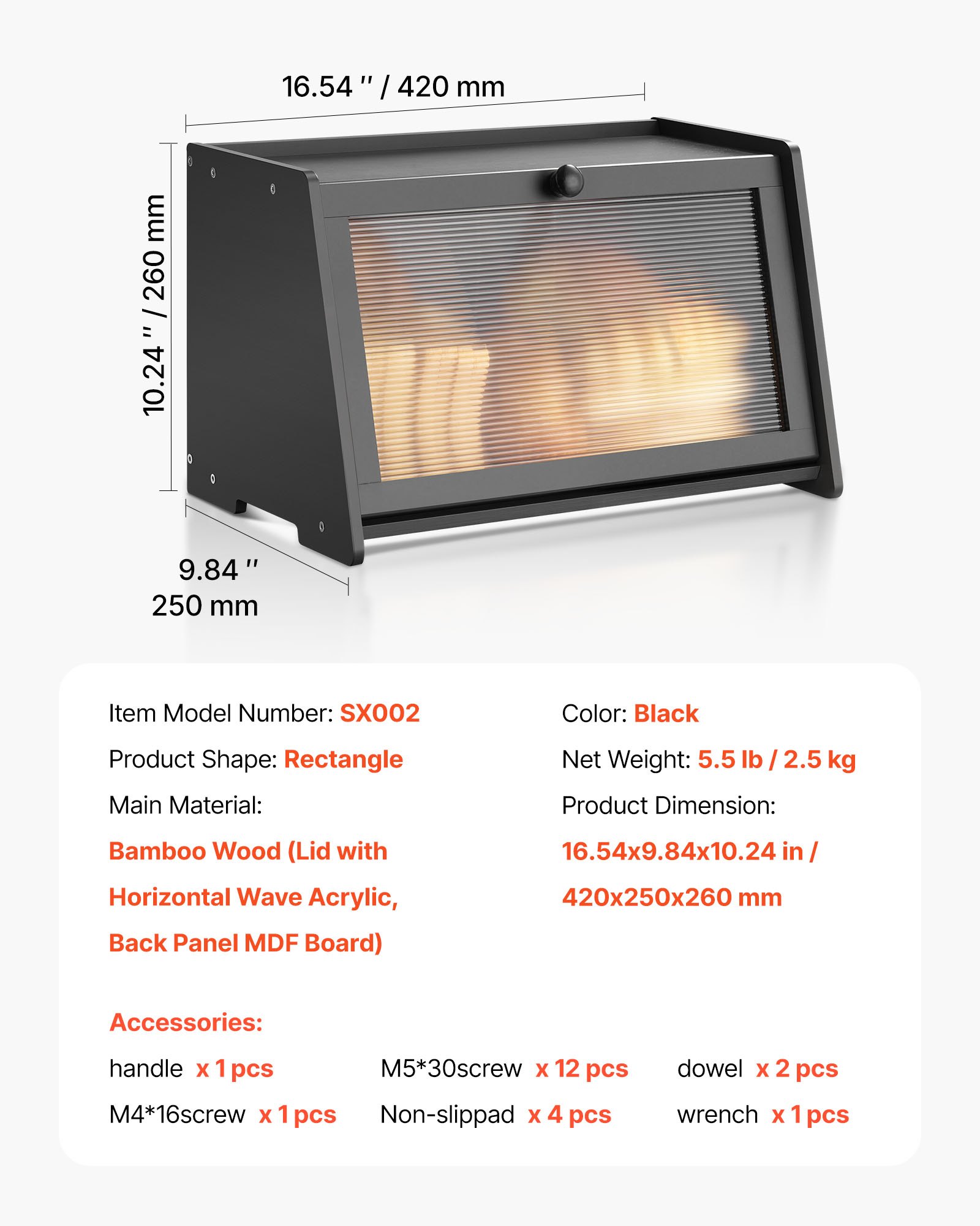 VEVOR Contenitore per Pane da Cucina 420 x 250 x 260 mm Contenitore per Pagnotta in Legno di Bambù per Pane Fatto in Casa, con Pannello Porta in Acrilico Ondulato, Forma di Trapezoidale, Nero