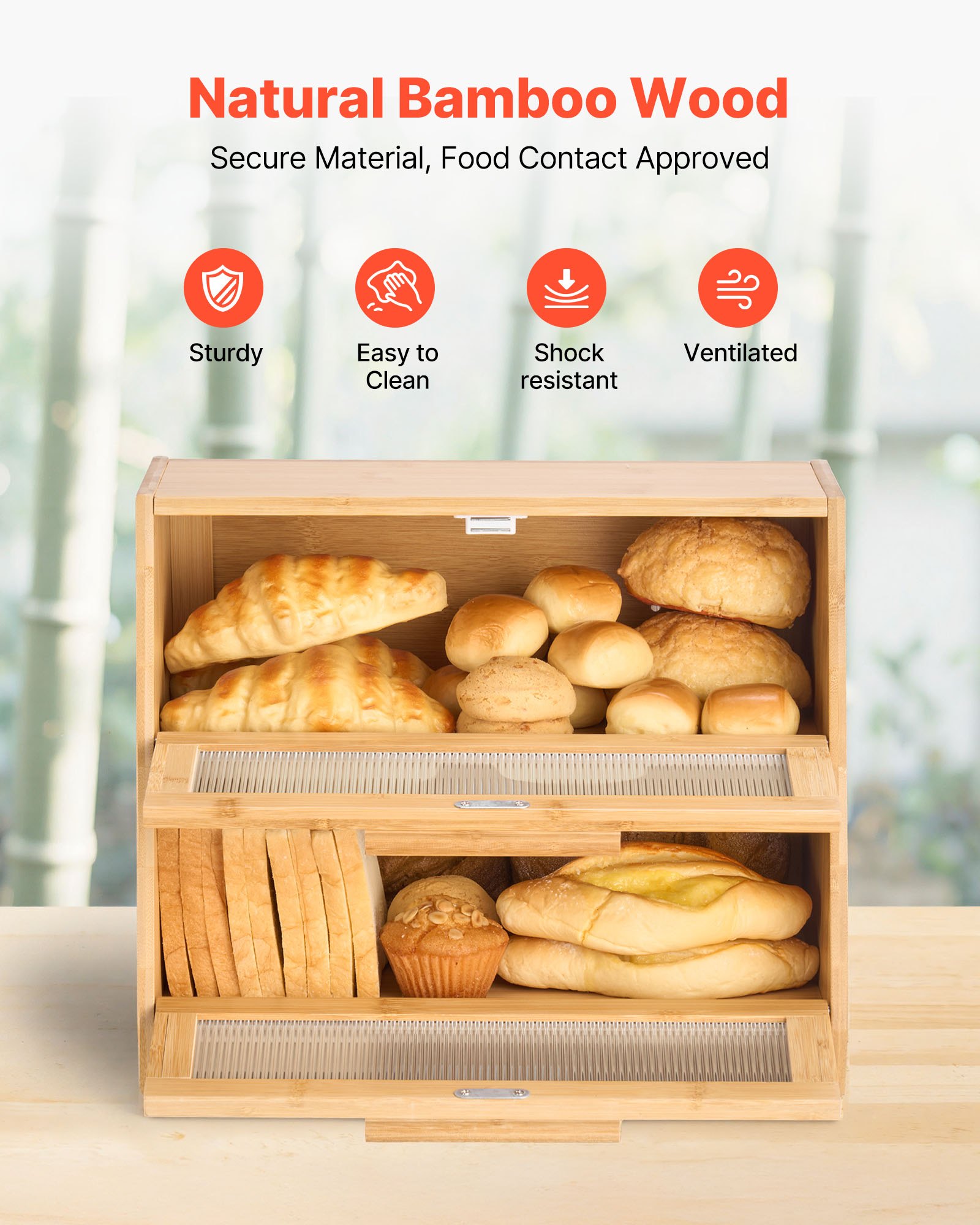 VEVOR Contenitore per Pane a Doppio Strato per Bancone della Cucina 390 x 260 x 320 mm Contenitore per Pagnotta in Legno di Bambù per Pane Fatto in Casa, con Pannello Porta in Acrilico Ondulato